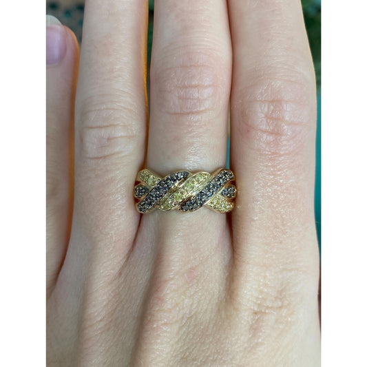 Vintage Solid 10k Yellow Gold Yellow & Black Diamond Twist Ring Band - Size 7