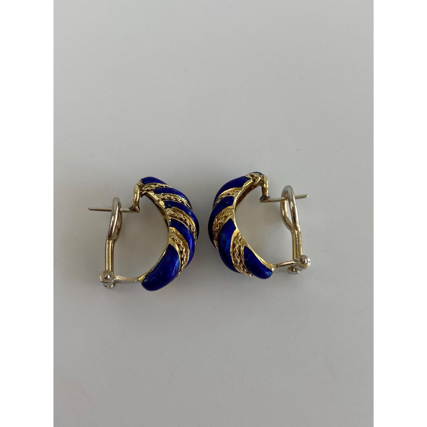 Vintage Solid 18k Yellow Gold Blue Enamel Twist Drop Earrings