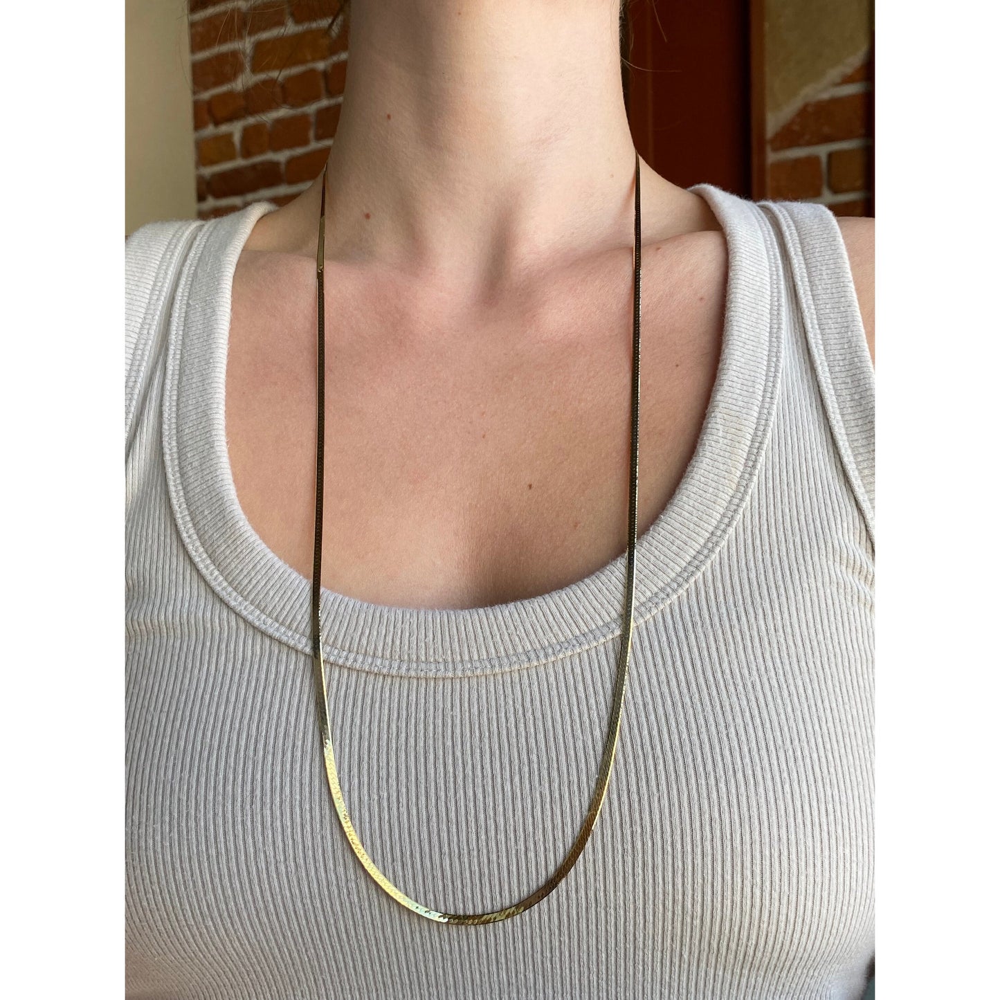 Vintage Solid 14k Yellow Gold Long Herringbone Chain Necklace - 29.75 inches