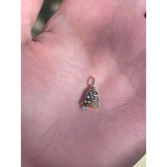 Vintage Solid 14k Yellow Gold Seed Pearl Clear Sapphire Bell Charm