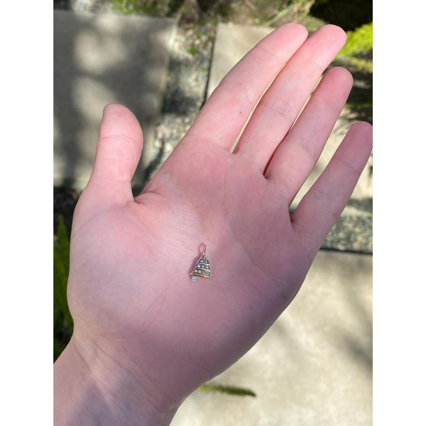 Vintage Solid 14k Yellow Gold Seed Pearl Clear Sapphire Bell Charm