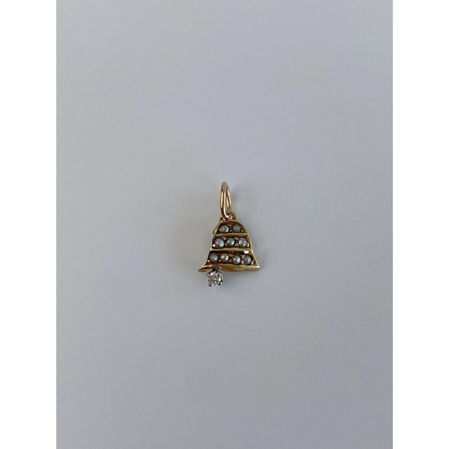 Vintage Solid 14k Yellow Gold Seed Pearl Clear Sapphire Bell Charm
