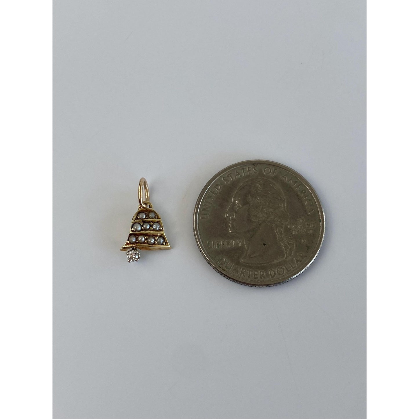 Vintage Solid 14k Yellow Gold Seed Pearl Clear Sapphire Bell Charm