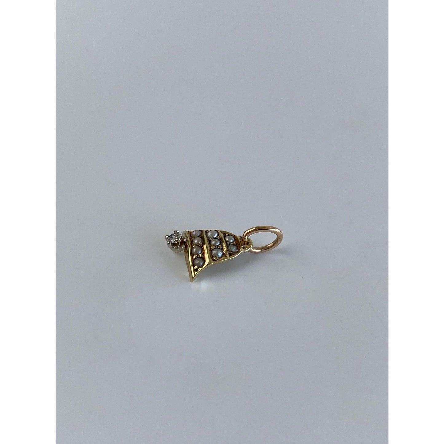 Vintage Solid 14k Yellow Gold Seed Pearl Clear Sapphire Bell Charm