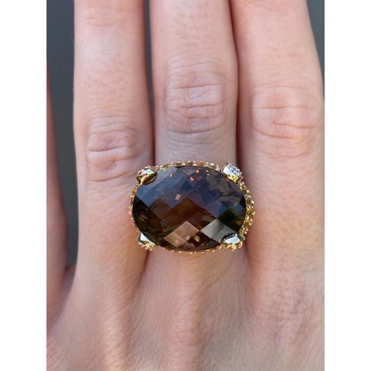 Vintage Solid 14k Yellow Gold Diamond Smokey Quartz Citrine Ring - Size 7.75