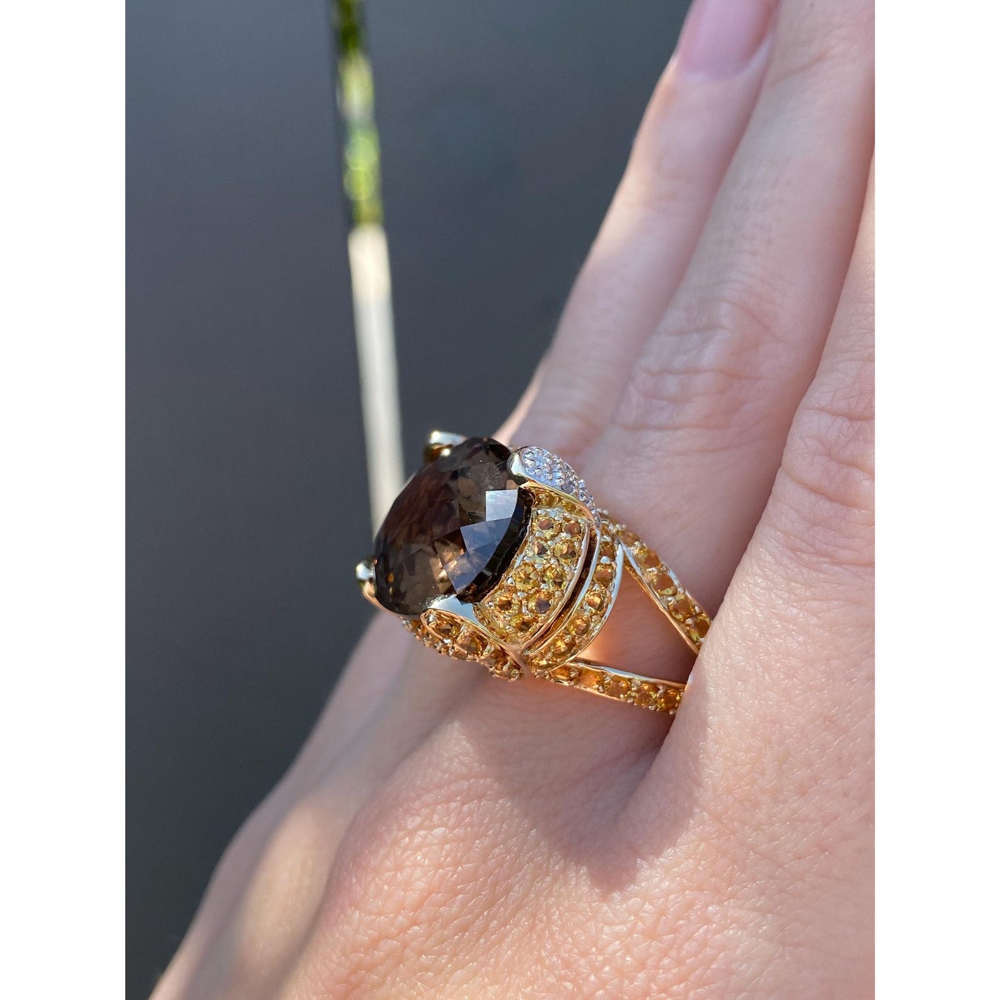 Vintage Solid 14k Yellow Gold Diamond Smokey Quartz Citrine Ring - Size 7.75
