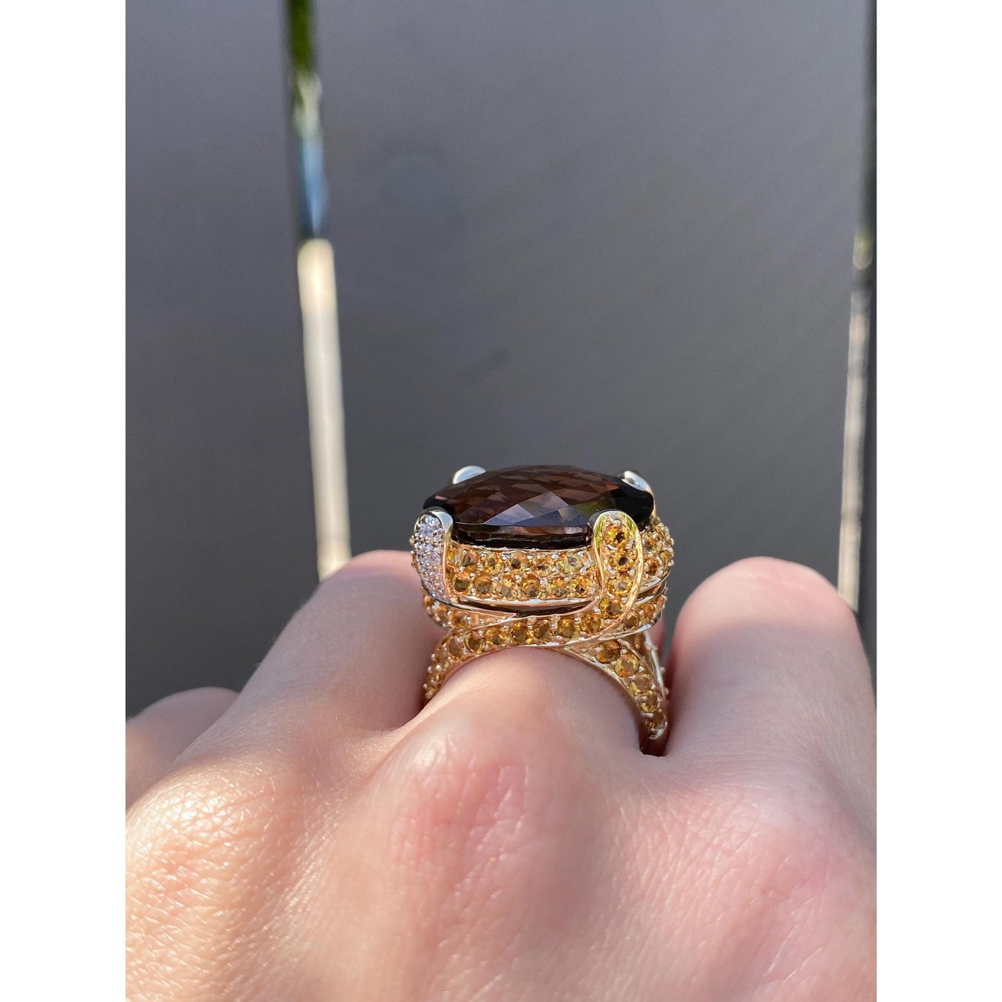 Vintage Solid 14k Yellow Gold Diamond Smokey Quartz Citrine Ring - Size 7.75