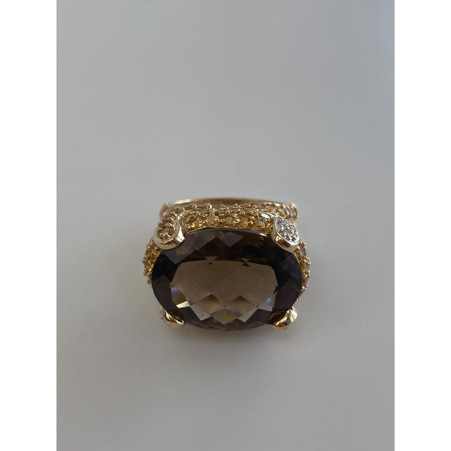 Vintage Solid 14k Yellow Gold Diamond Smokey Quartz Citrine Ring - Size 7.75