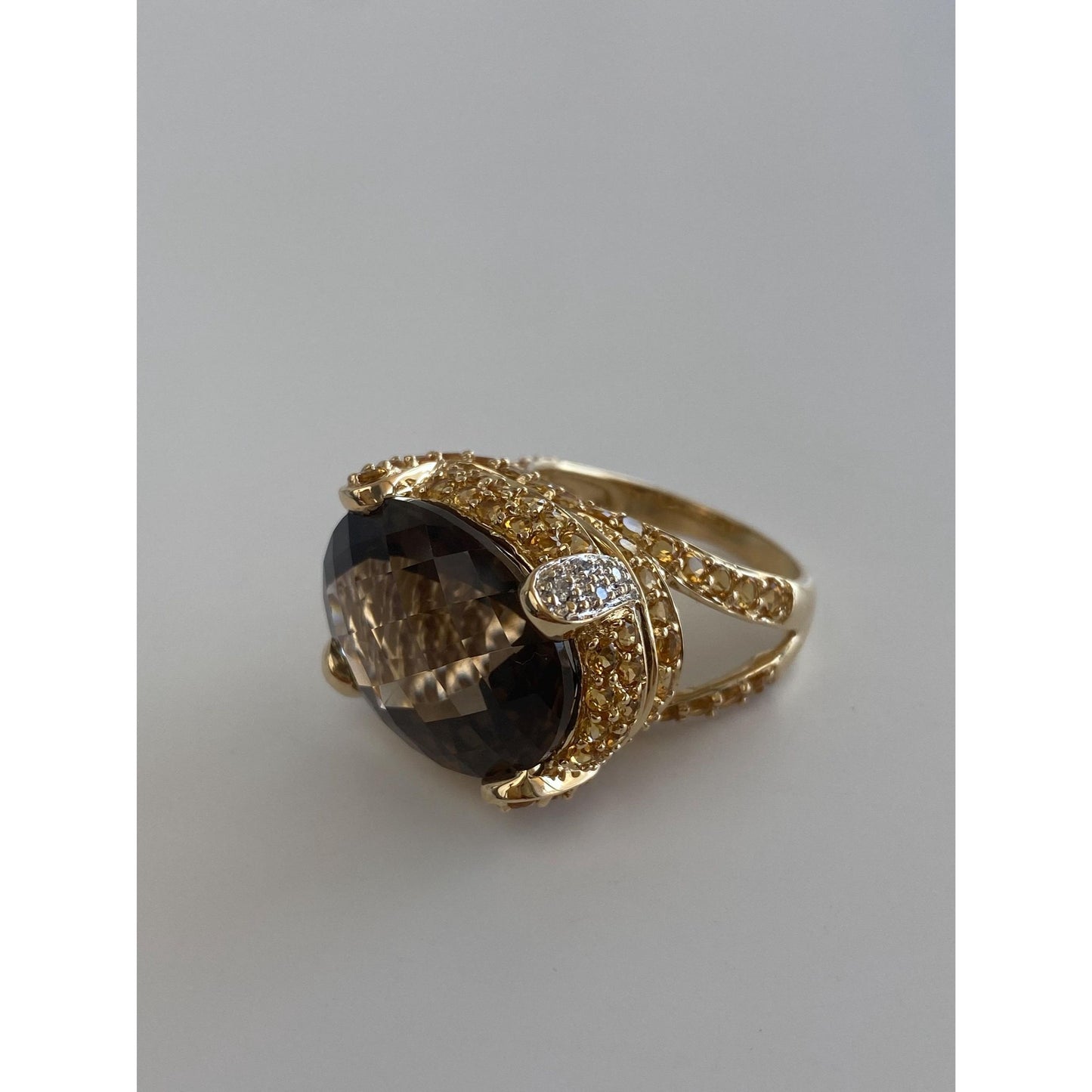 Vintage Solid 14k Yellow Gold Diamond Smokey Quartz Citrine Ring - Size 7.75
