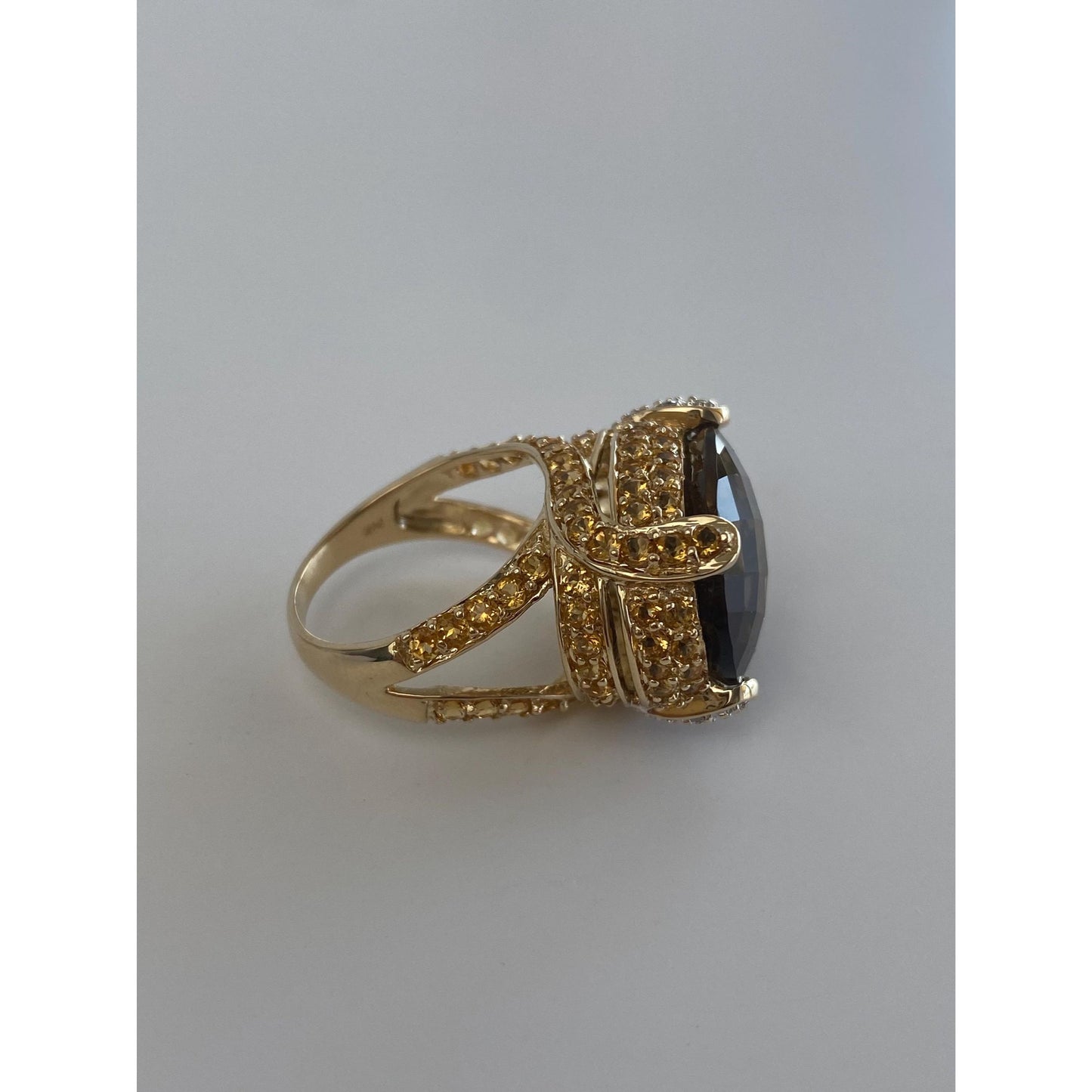 Vintage Solid 14k Yellow Gold Diamond Smokey Quartz Citrine Ring - Size 7.75