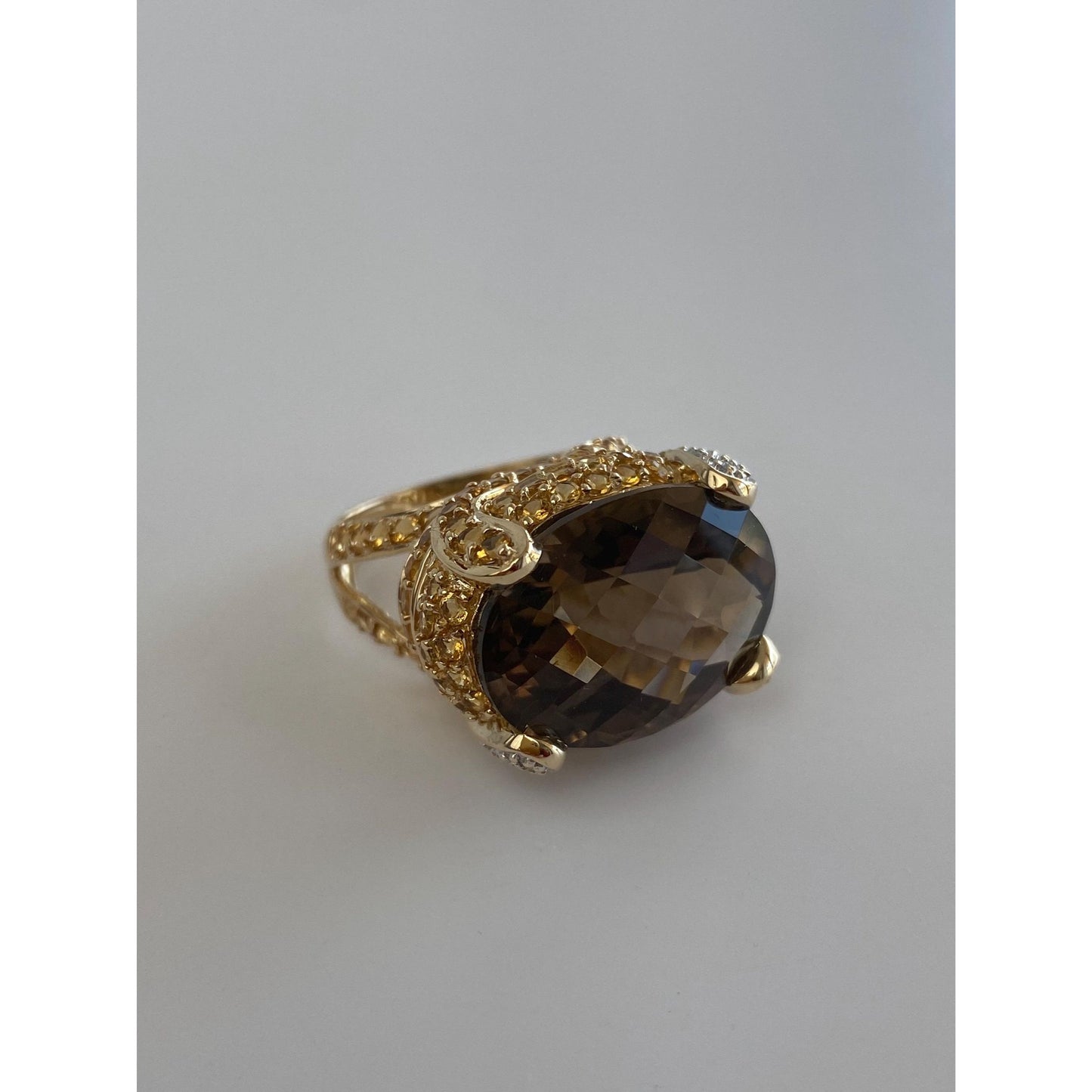 Vintage Solid 14k Yellow Gold Diamond Smokey Quartz Citrine Ring - Size 7.75