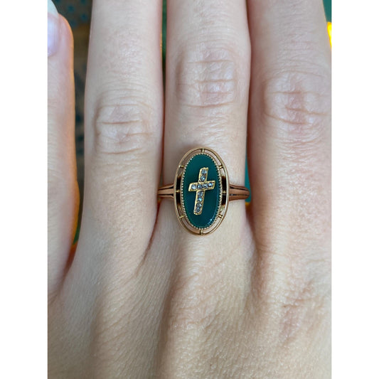 Vintage Solid 14k Yellow Gold Grey Diamond Green Stone Cross Ring - Size 7.5