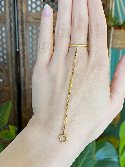 Vintage Solid 14k Yellow Gold Ring to Bracelet Extension Fancy Link Chain Ring Band - Size 7.5