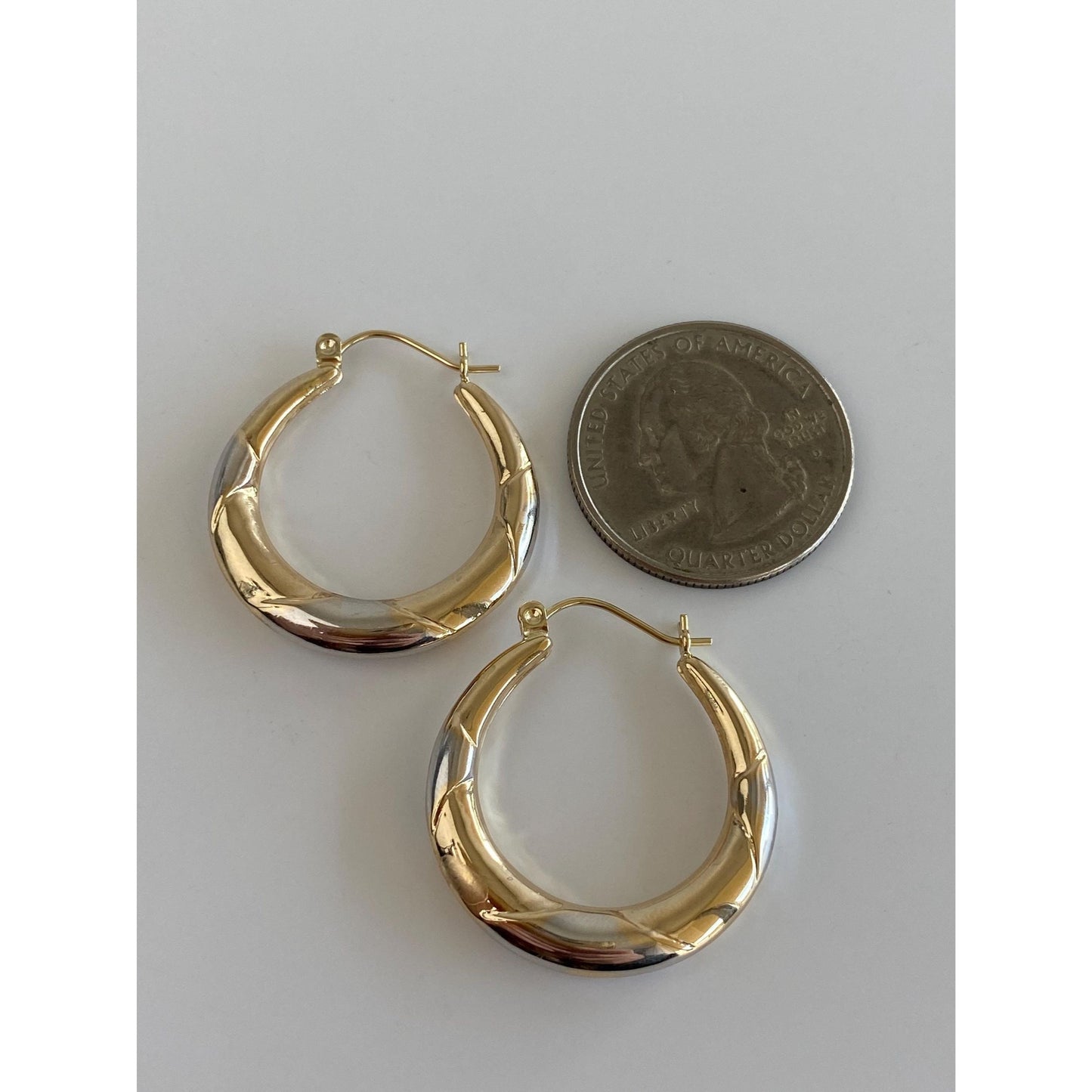 Vintage 14k White & Yellow Gold Pattern Hoop Earrings