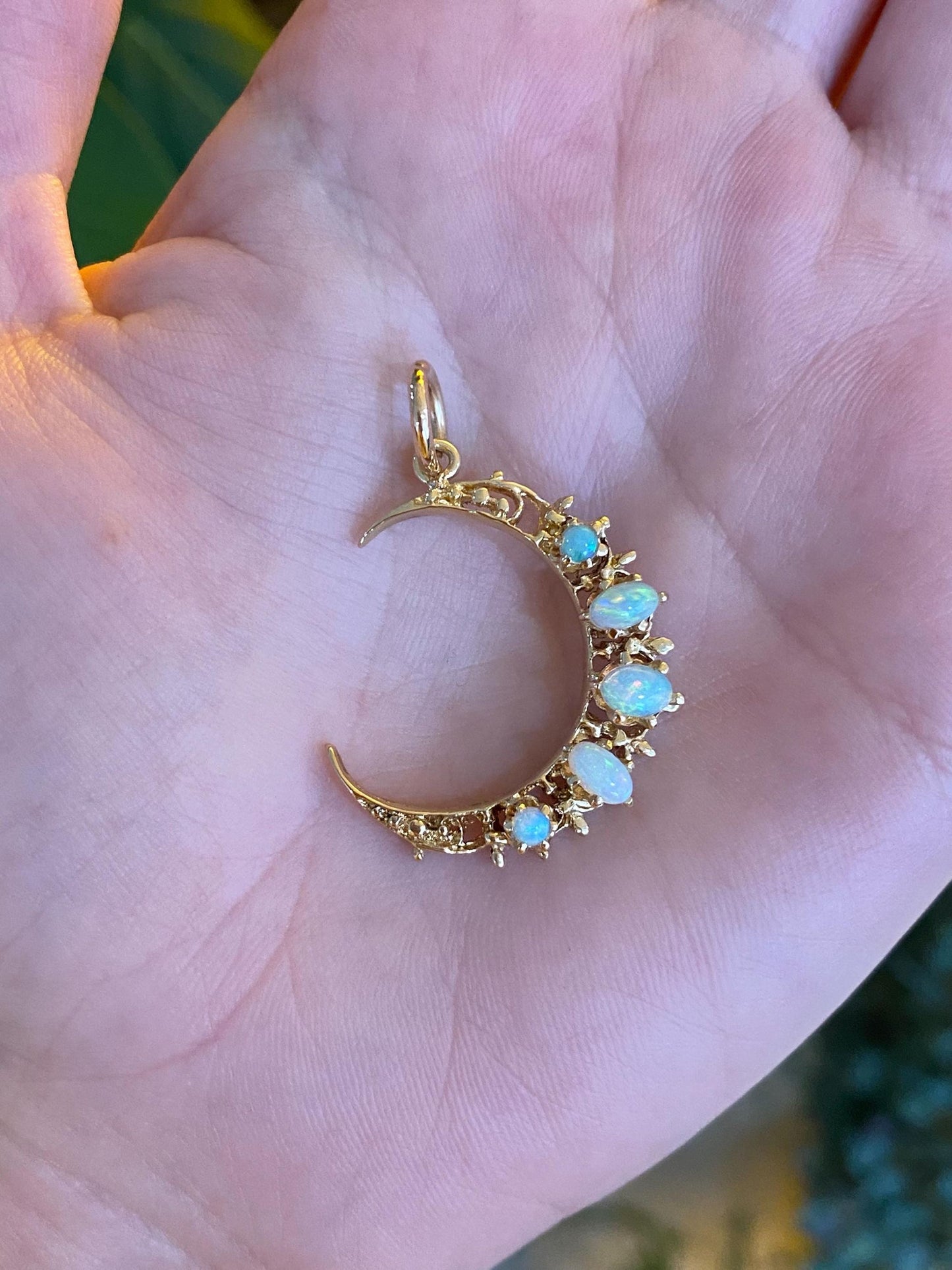 Vintage Solid 14k Yellow Gold Opal Crescent Moon Charm
