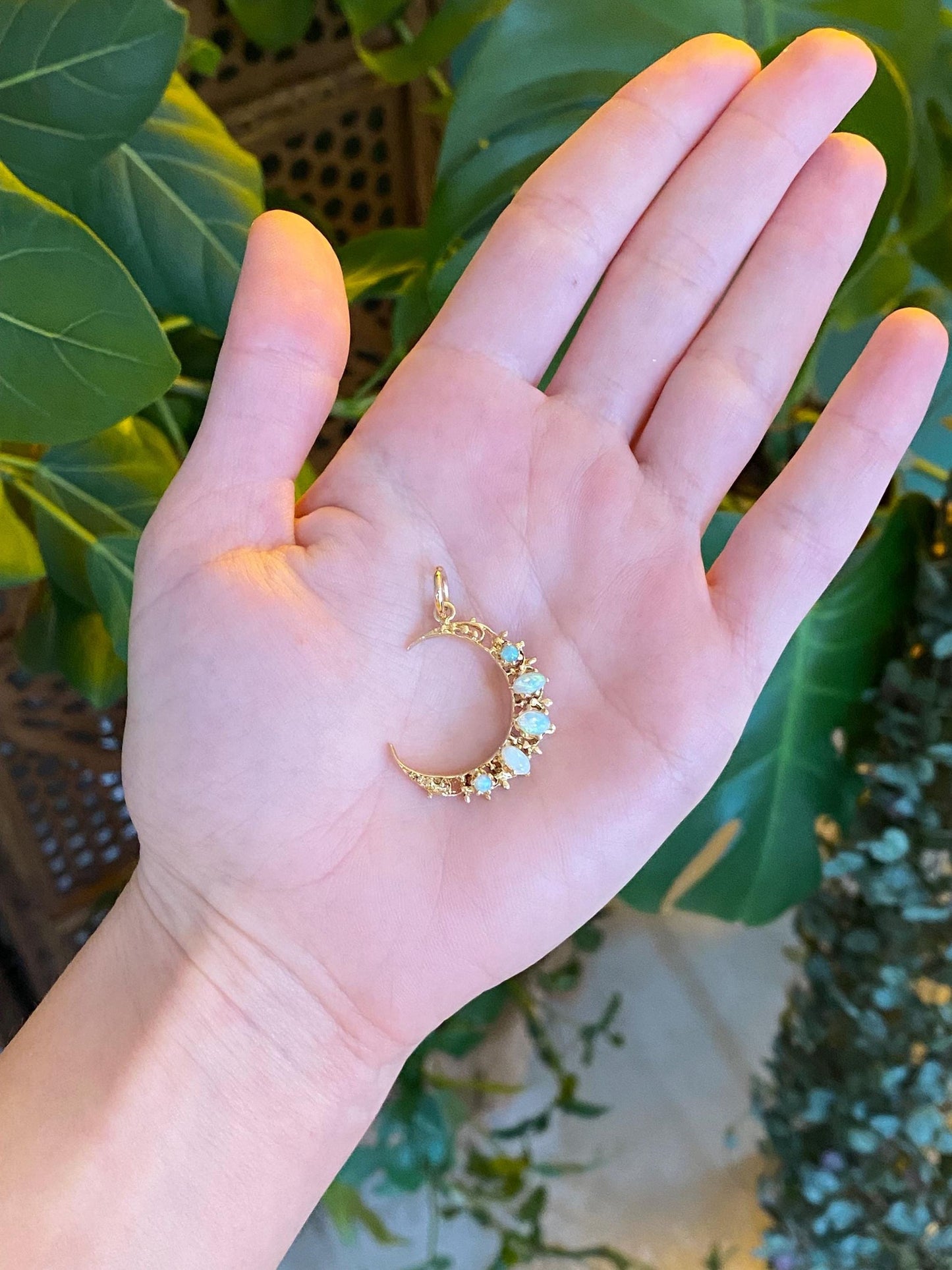 Vintage Solid 14k Yellow Gold Opal Crescent Moon Charm