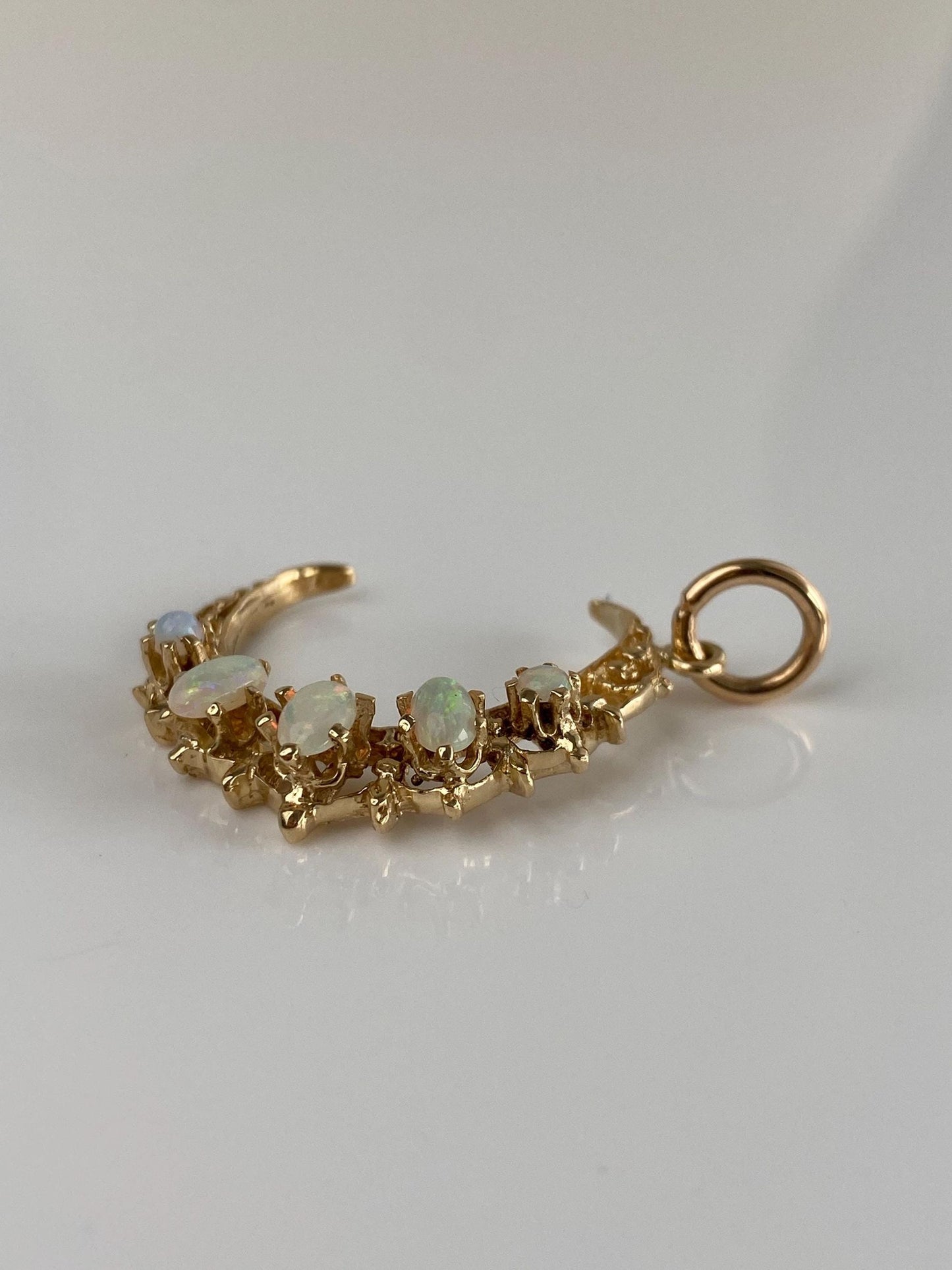 Vintage Solid 14k Yellow Gold Opal Crescent Moon Charm