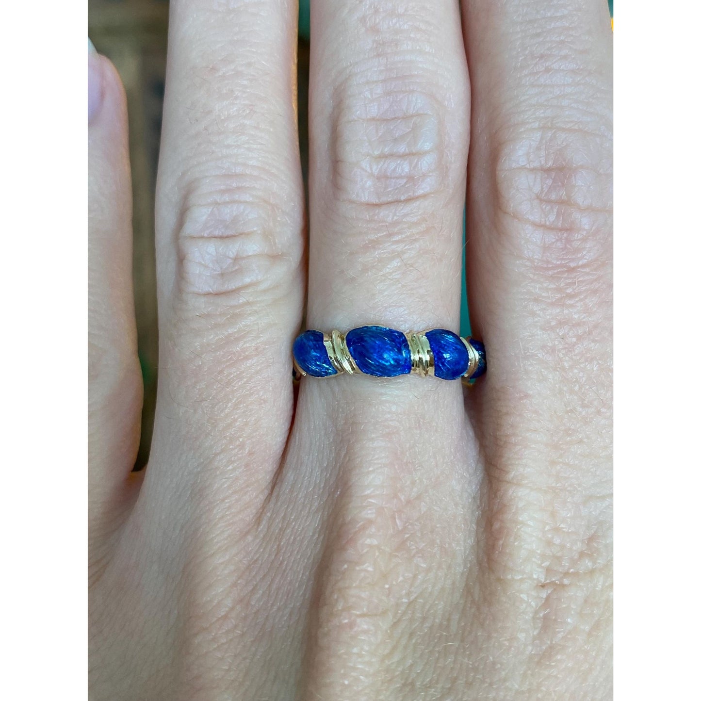 Vintage Solid 14k Yellow Gold Blue Enamel Ring Band - Size 7.25
