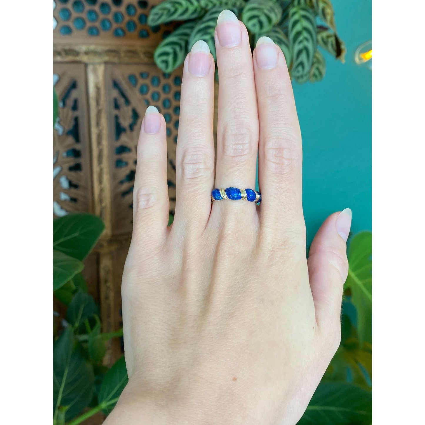 Vintage Solid 14k Yellow Gold Blue Enamel Ring Band - Size 7.25