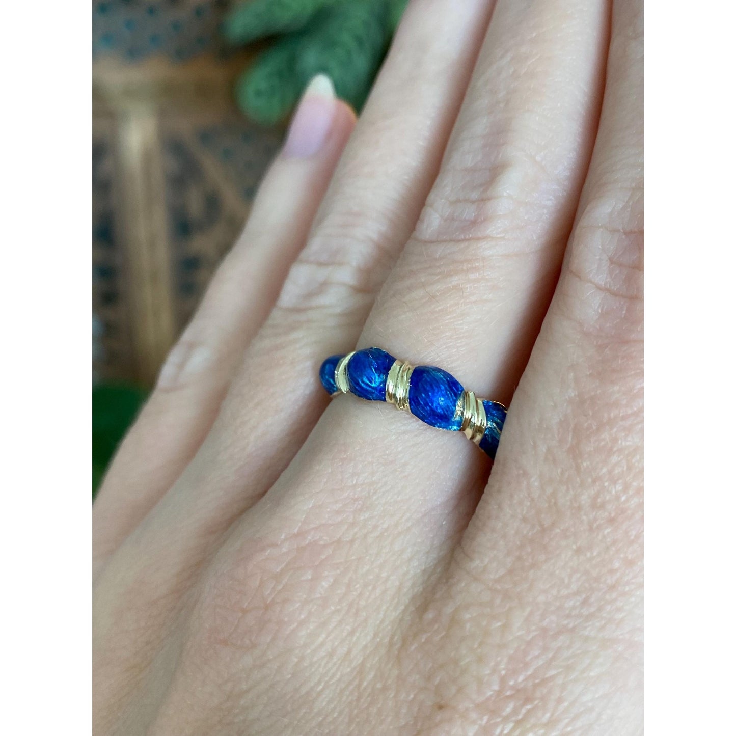 Vintage Solid 14k Yellow Gold Blue Enamel Ring Band - Size 7.25