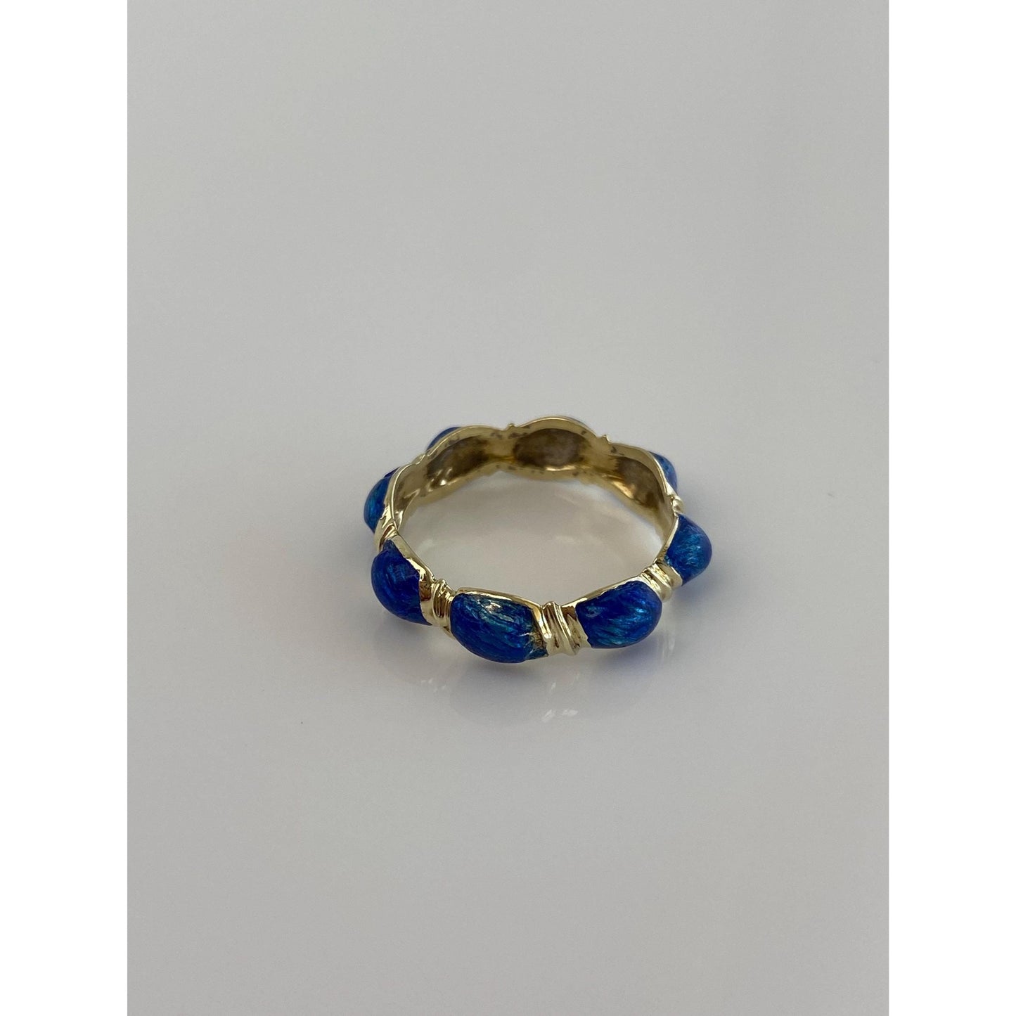Vintage Solid 14k Yellow Gold Blue Enamel Ring Band - Size 7.25