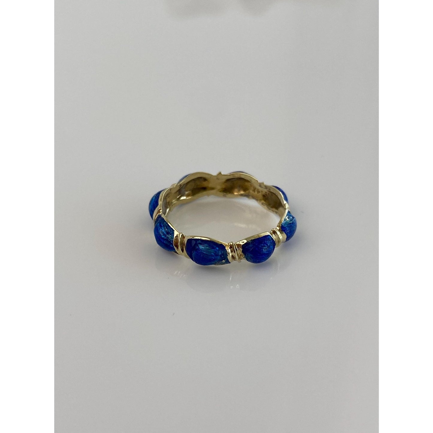 Vintage Solid 14k Yellow Gold Blue Enamel Ring Band - Size 7.25