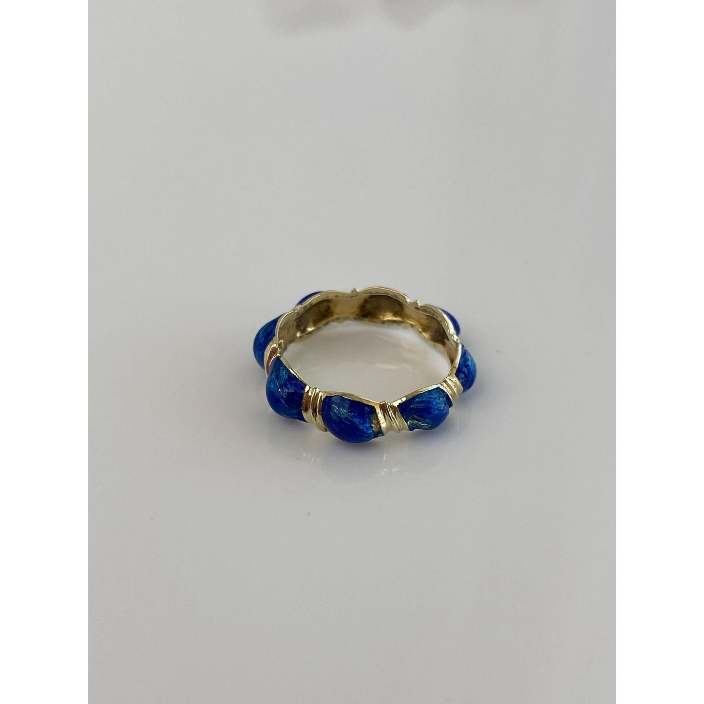 Vintage Solid 14k Yellow Gold Blue Enamel Ring Band - Size 7.25