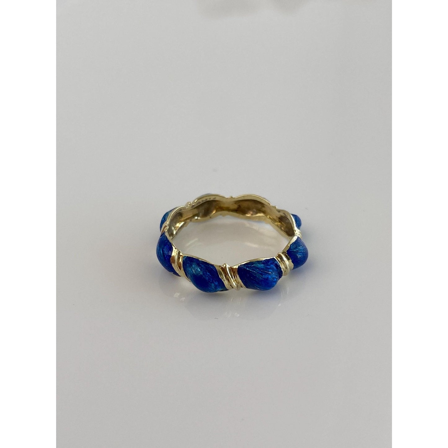 Vintage Solid 14k Yellow Gold Blue Enamel Ring Band - Size 7.25