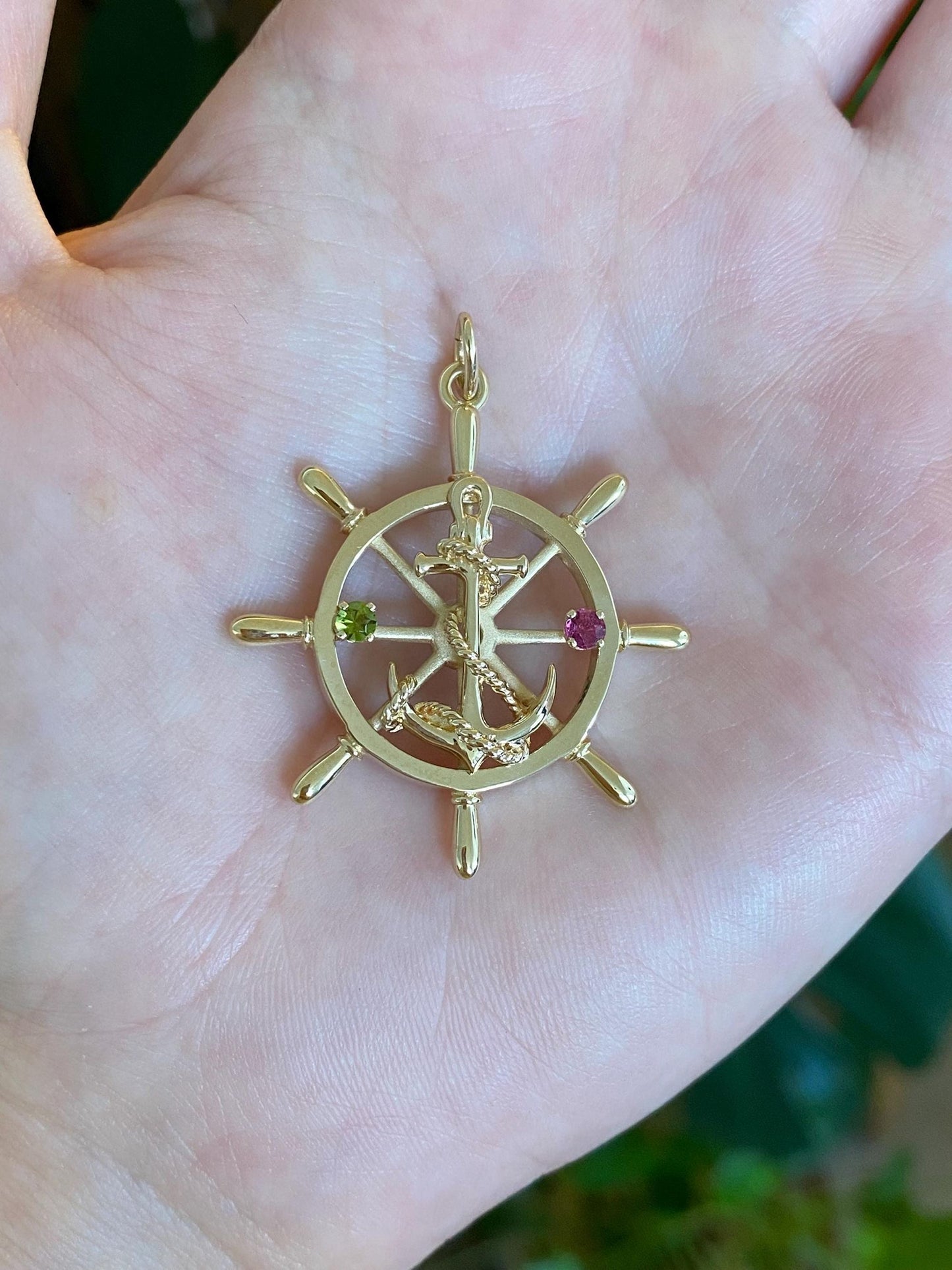 Vintage Solid 14k Yellow Gold Pink Sapphire Green Tourmaline Helm Anchor Charm