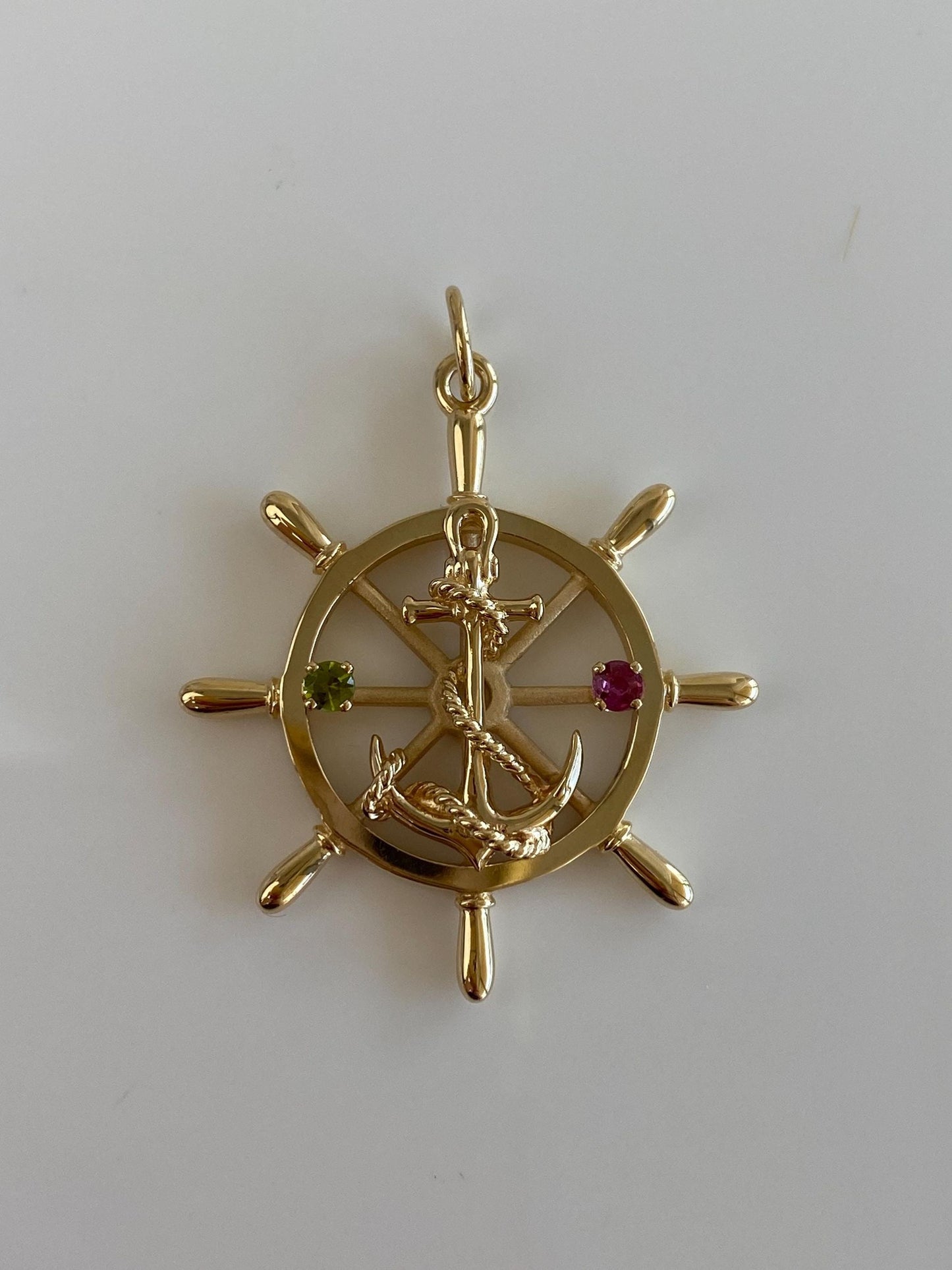 Vintage Solid 14k Yellow Gold Pink Sapphire Green Tourmaline Helm Anchor Charm