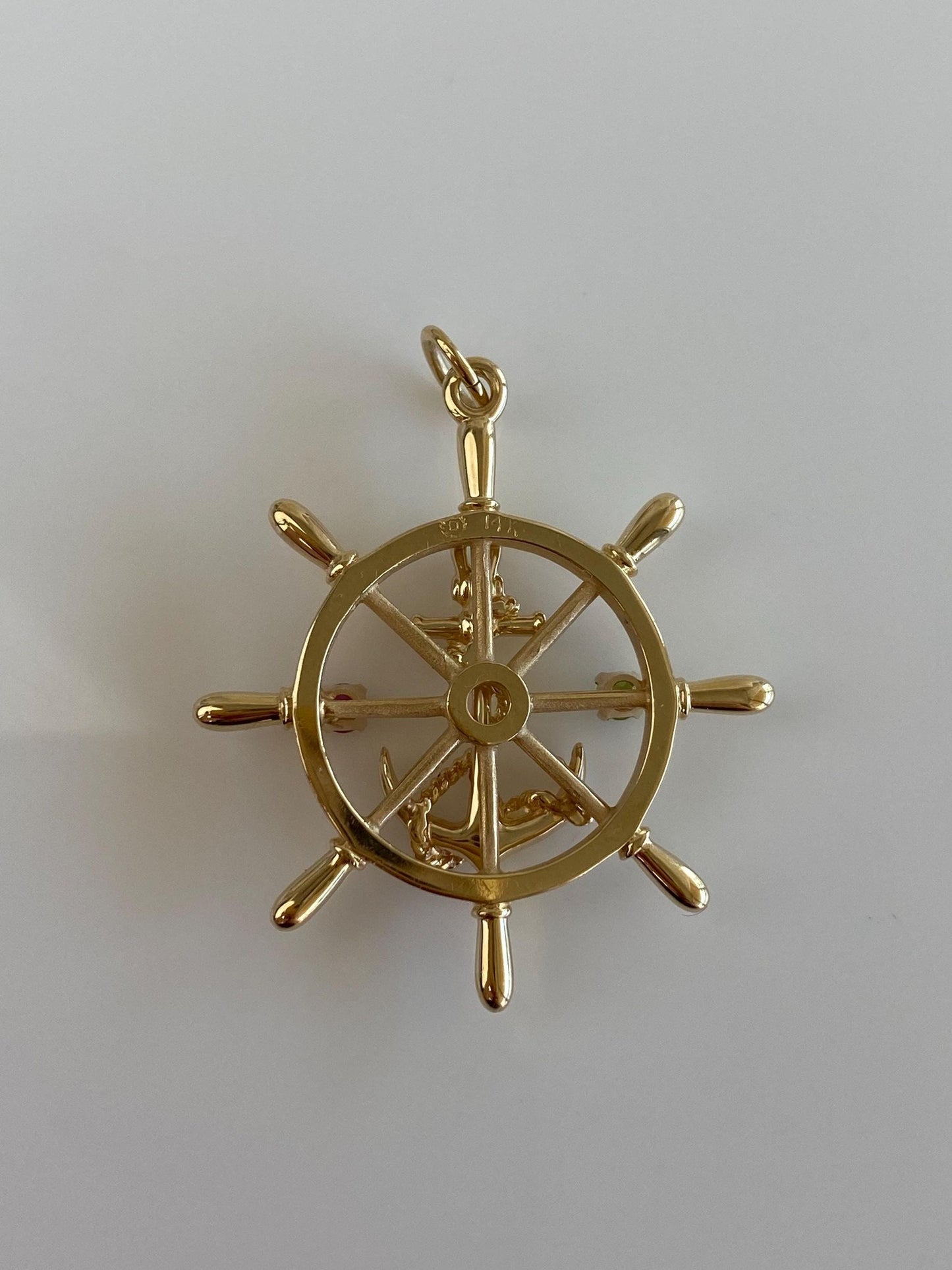 Vintage Solid 14k Yellow Gold Pink Sapphire Green Tourmaline Helm Anchor Charm