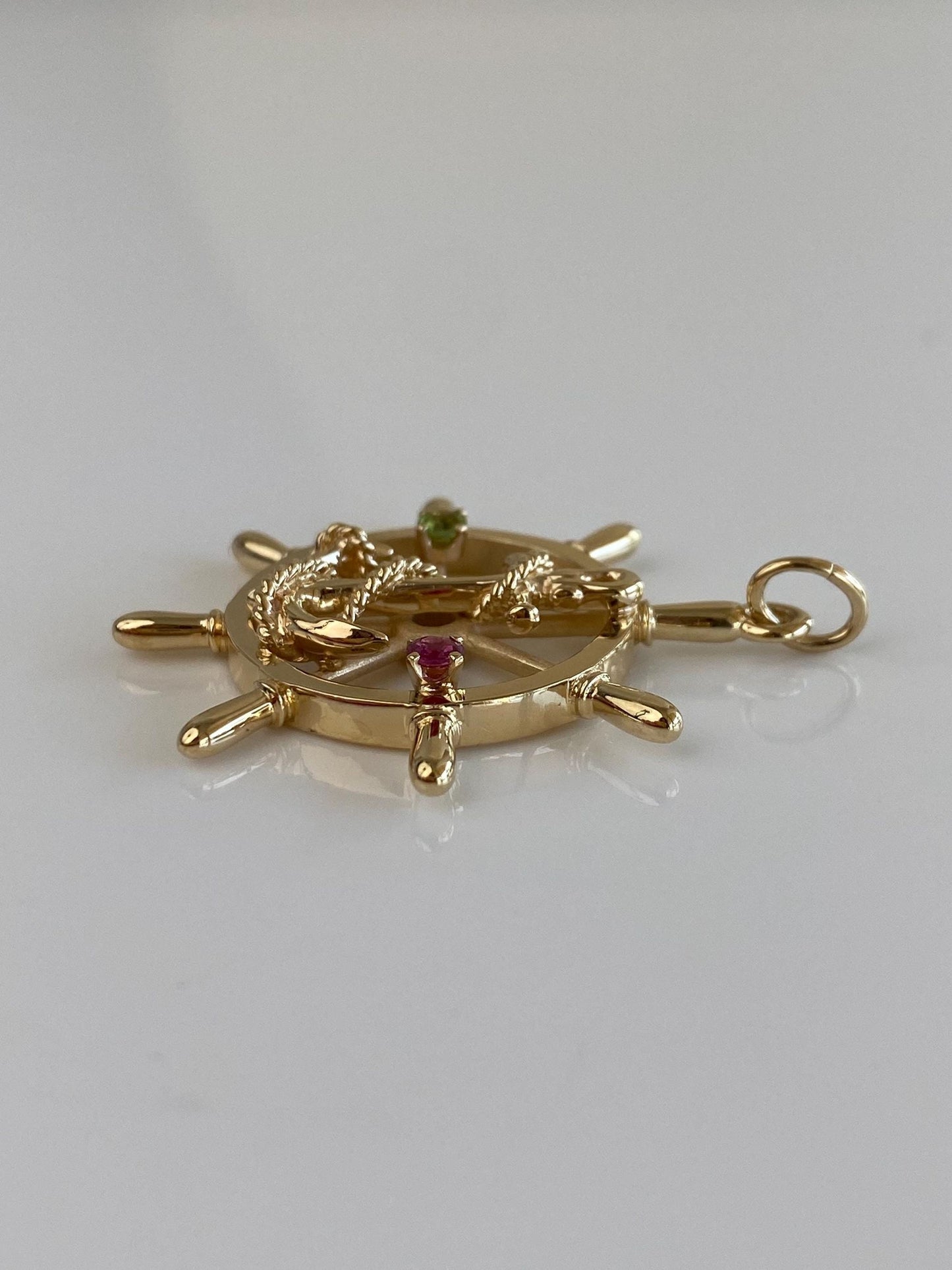 Vintage Solid 14k Yellow Gold Pink Sapphire Green Tourmaline Helm Anchor Charm