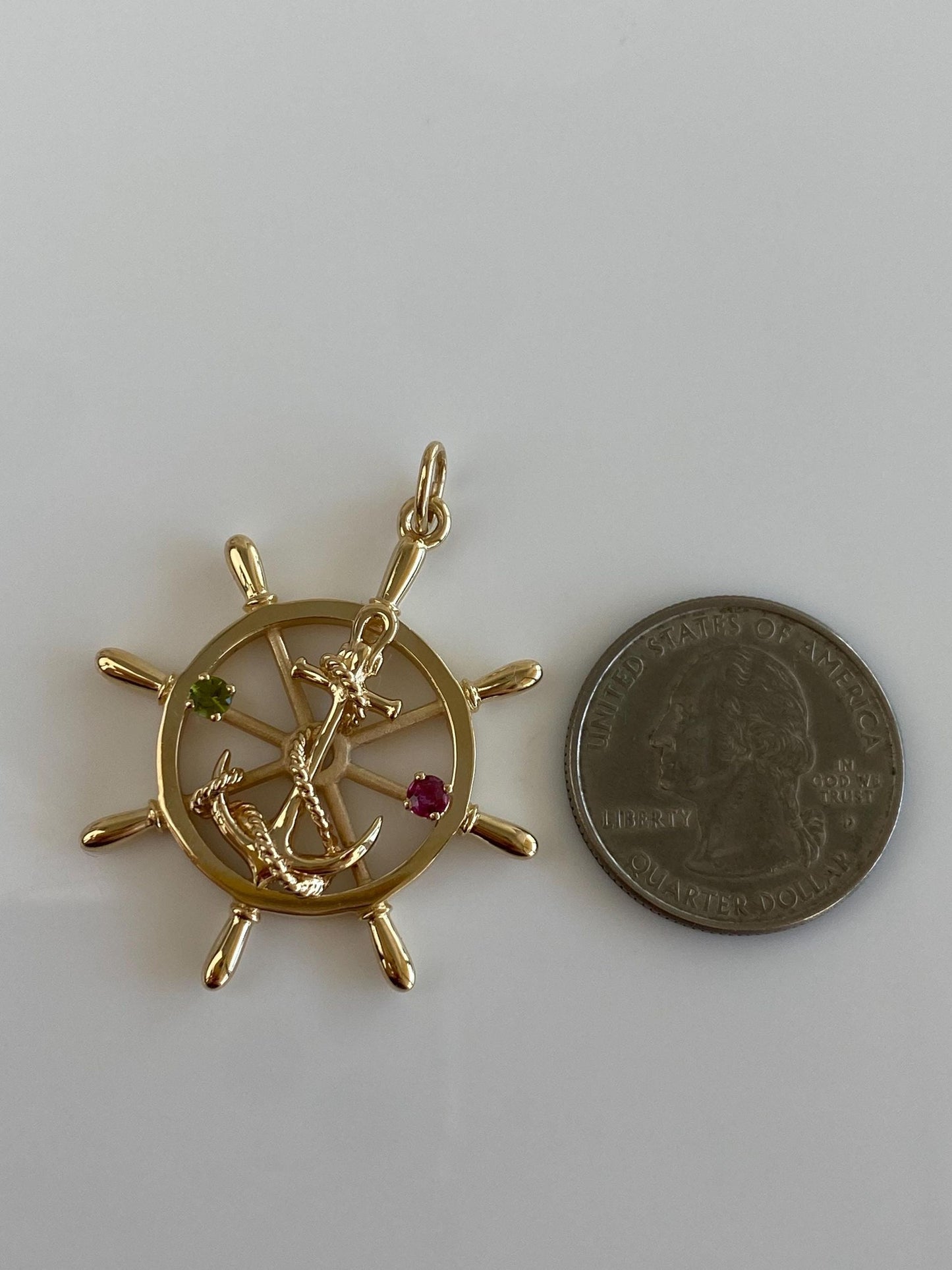 Vintage Solid 14k Yellow Gold Pink Sapphire Green Tourmaline Helm Anchor Charm