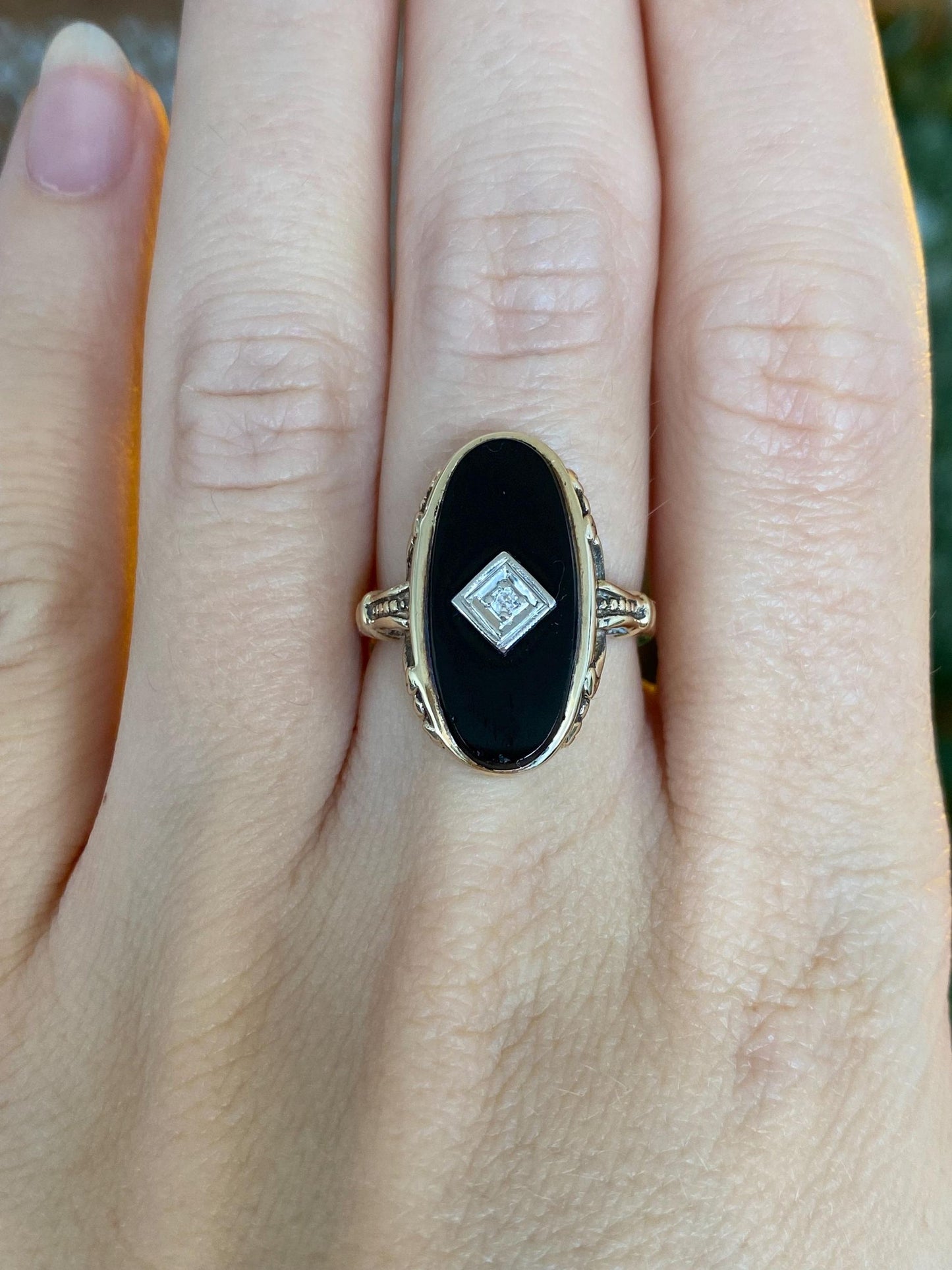 Vintage Solid 10k White & Yellow Gold Diamond Black Onyx Art Deco Ring - Size 6.5
