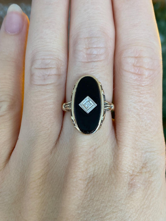 Vintage Solid 10k White & Yellow Gold Diamond Black Onyx Art Deco Ring - Size 6.5