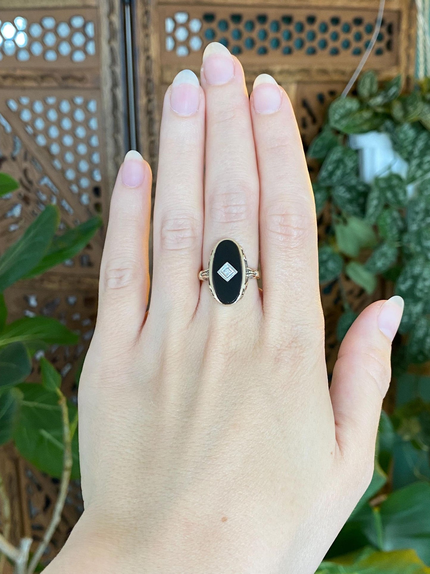 Vintage Solid 10k White & Yellow Gold Diamond Black Onyx Art Deco Ring - Size 6.5