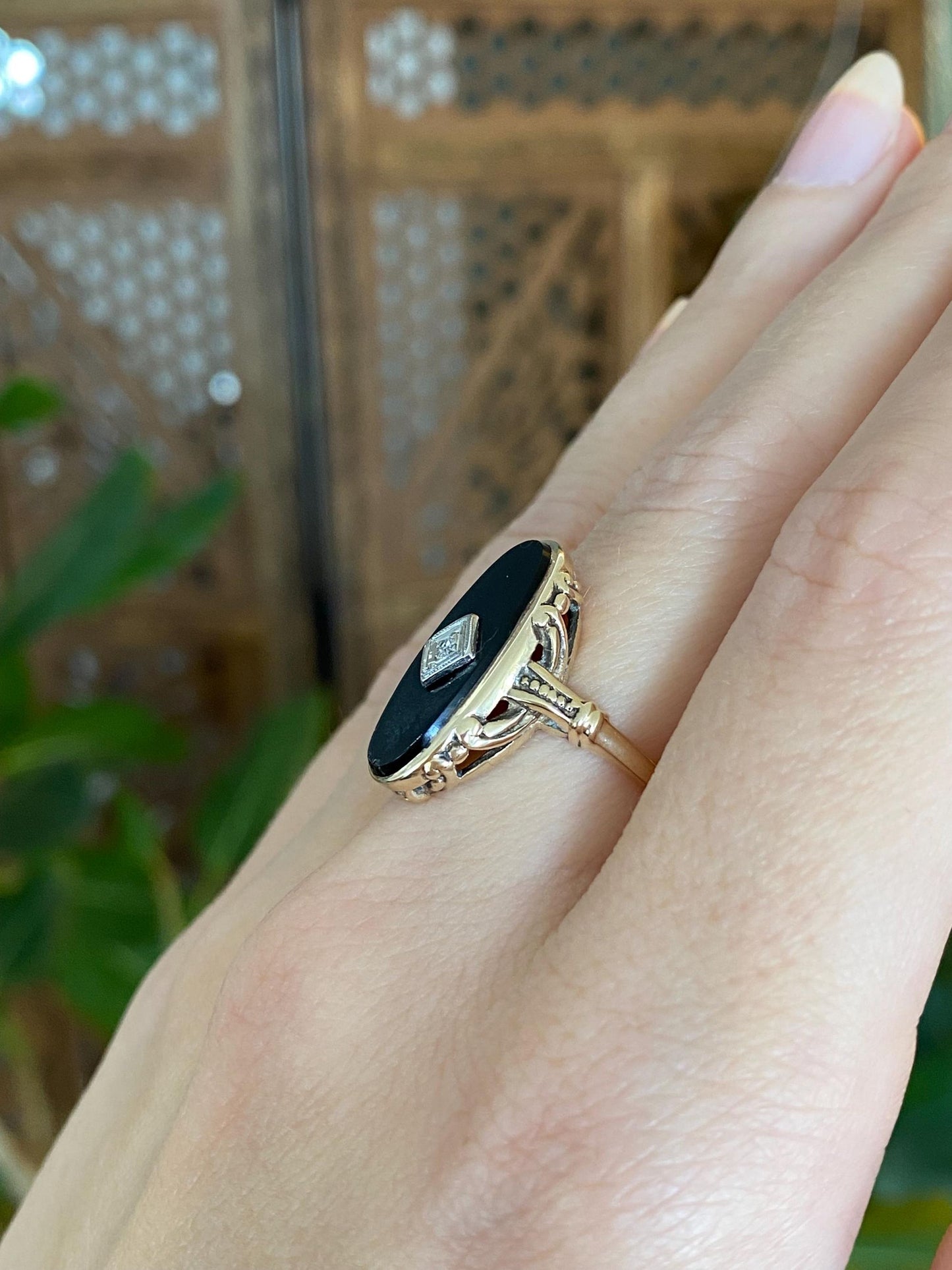 Vintage Solid 10k White & Yellow Gold Diamond Black Onyx Art Deco Ring - Size 6.5