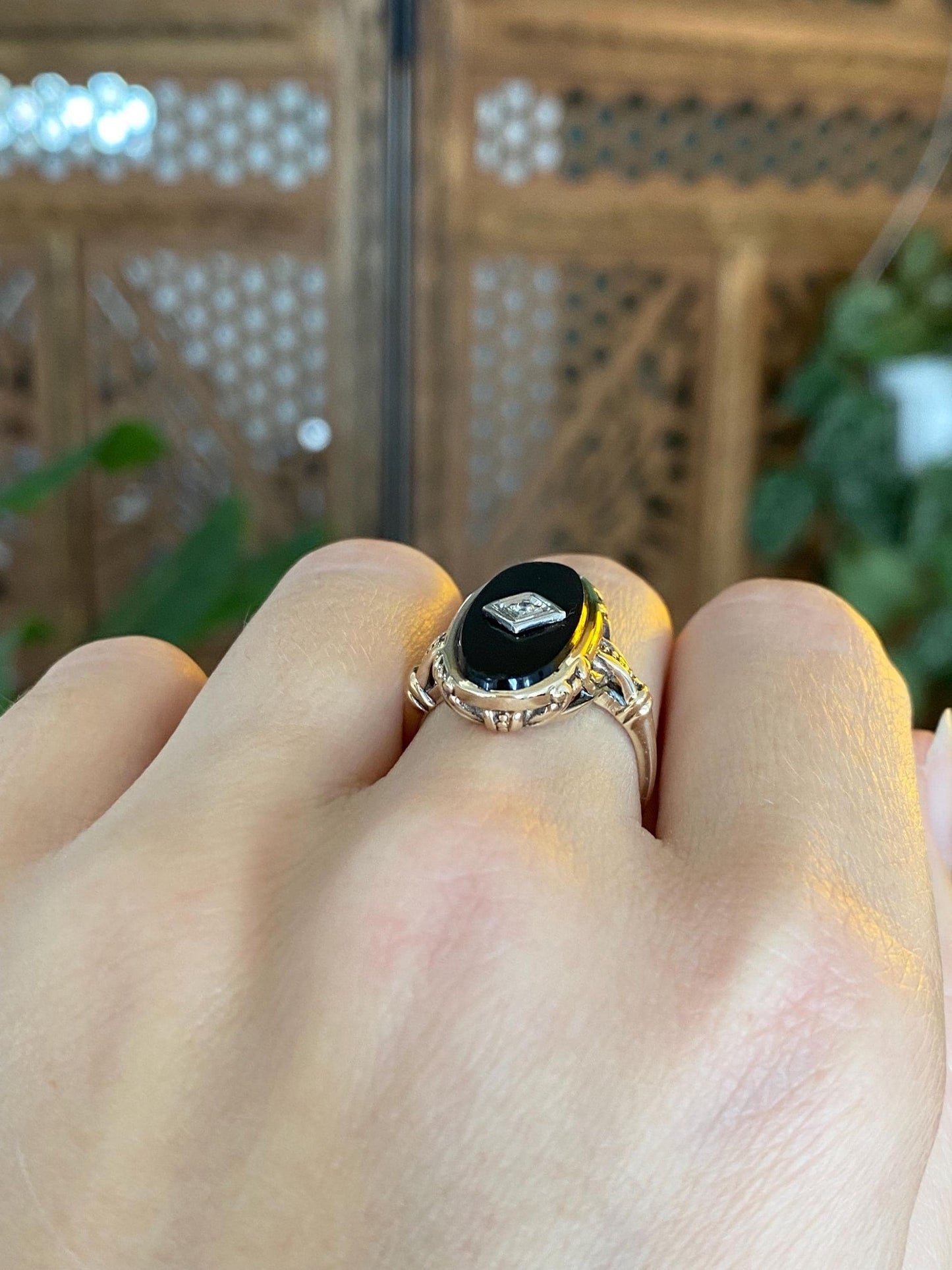 Vintage Solid 10k White & Yellow Gold Diamond Black Onyx Art Deco Ring - Size 6.5