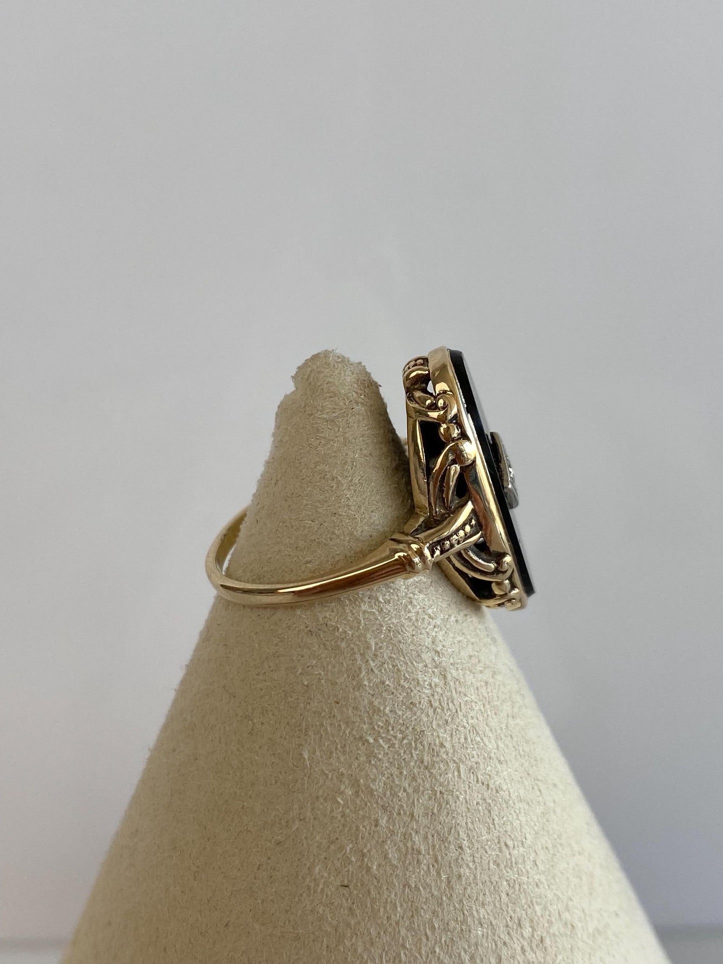 Vintage Solid 10k White & Yellow Gold Diamond Black Onyx Art Deco Ring - Size 6.5