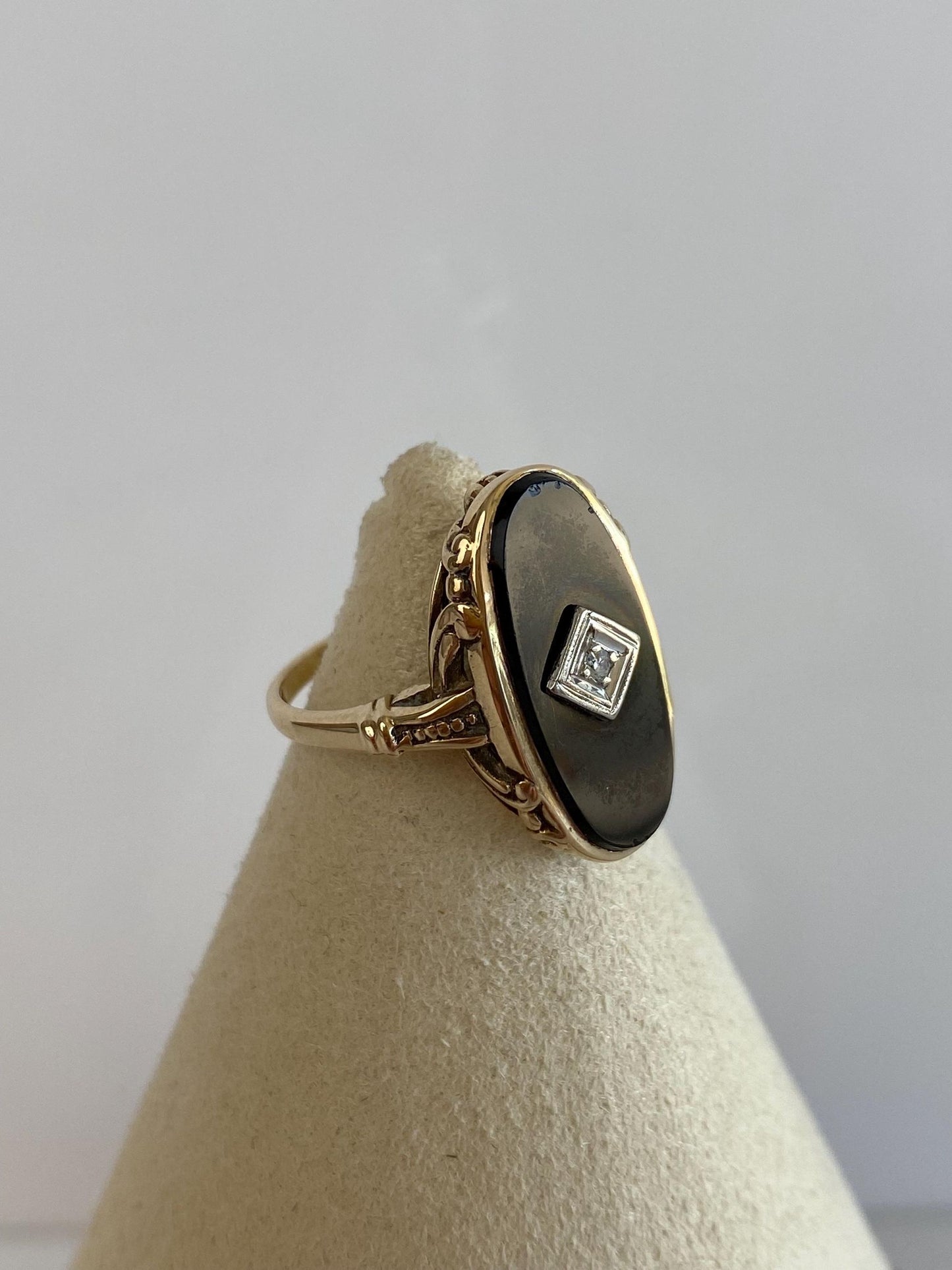 Vintage Solid 10k White & Yellow Gold Diamond Black Onyx Art Deco Ring - Size 6.5