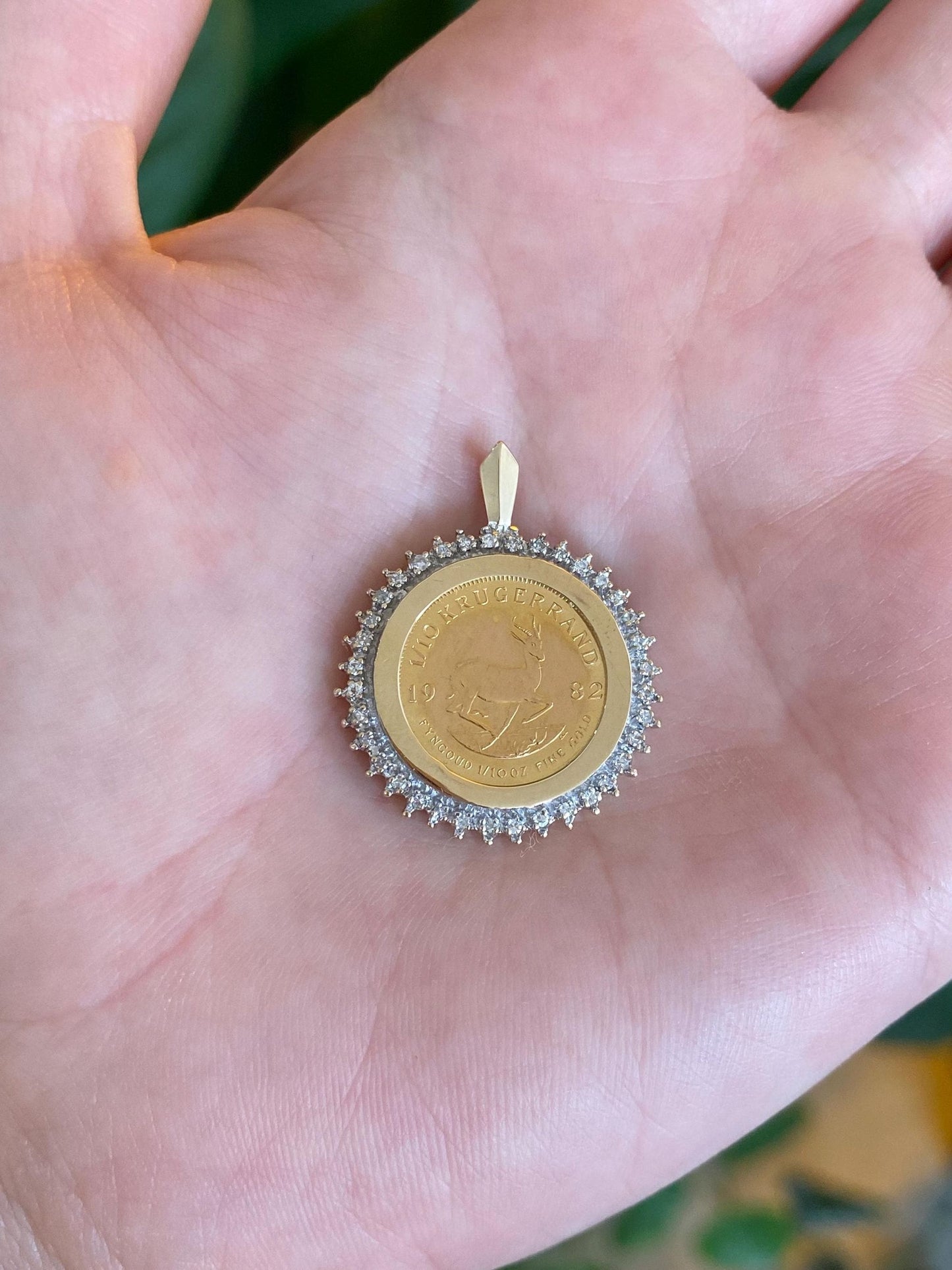 Solid 1/10 Oz. South African Krugerrand Gold Coin in 14k Yellow Gold Diamond Halo Frame