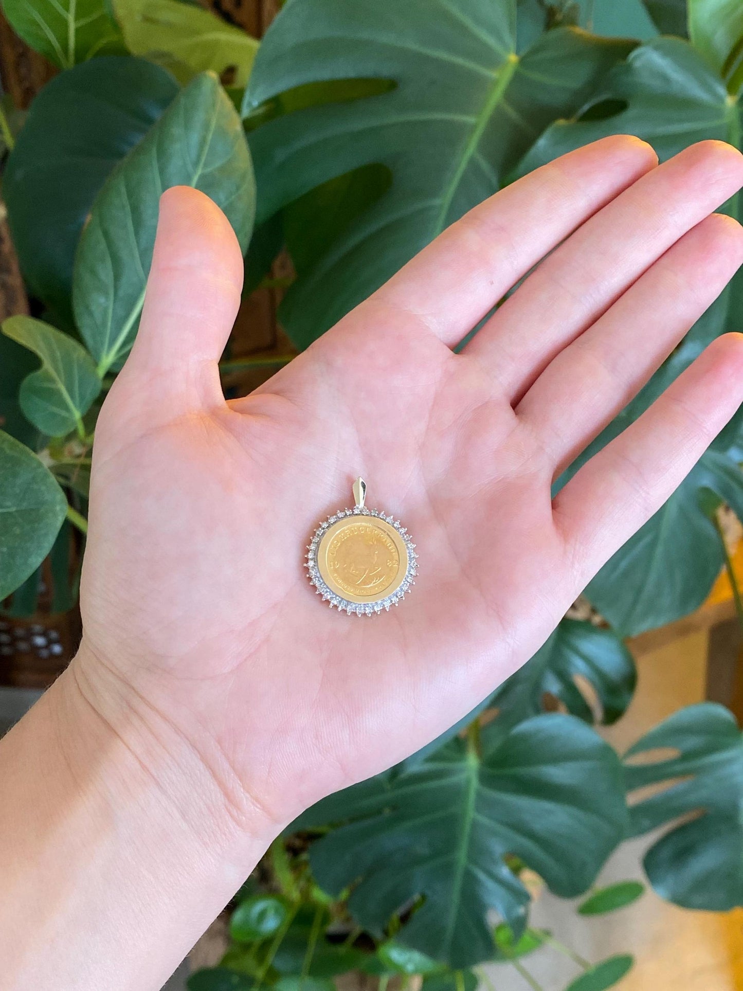 Solid 1/10 Oz. South African Krugerrand Gold Coin in 14k Yellow Gold Diamond Halo Frame