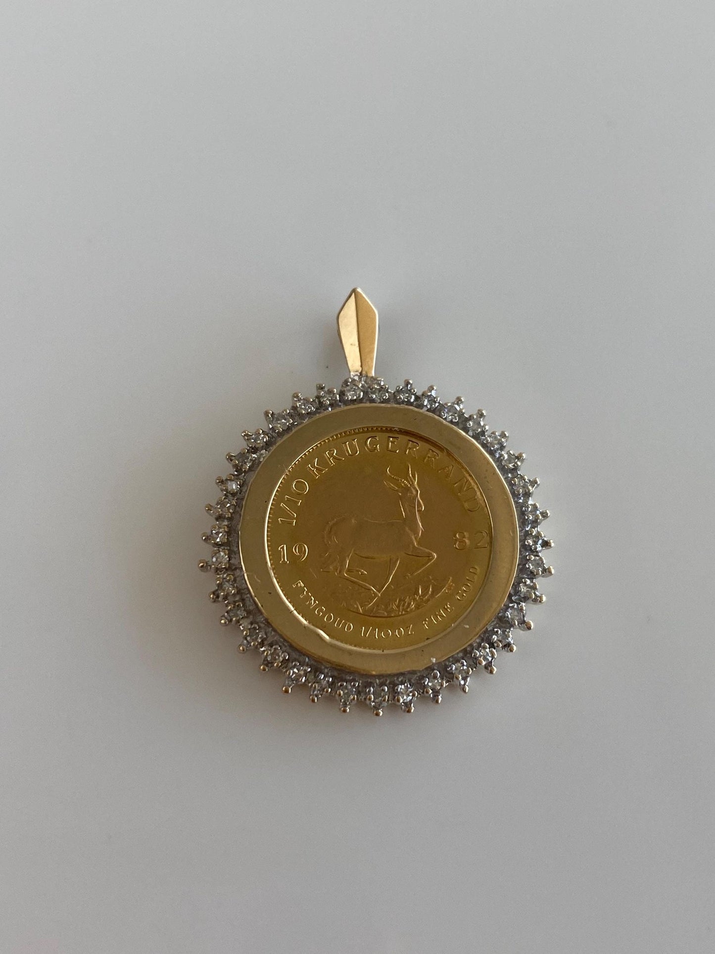 Solid 1/10 Oz. South African Krugerrand Gold Coin in 14k Yellow Gold Diamond Halo Frame