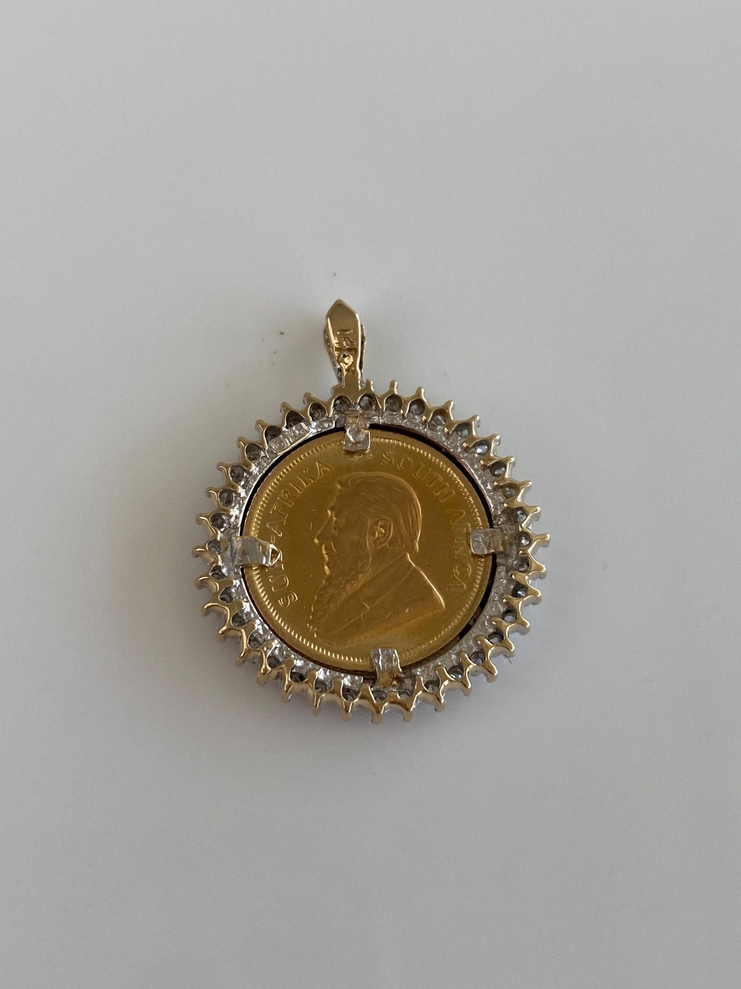 Solid 1/10 Oz. South African Krugerrand Gold Coin in 14k Yellow Gold Diamond Halo Frame