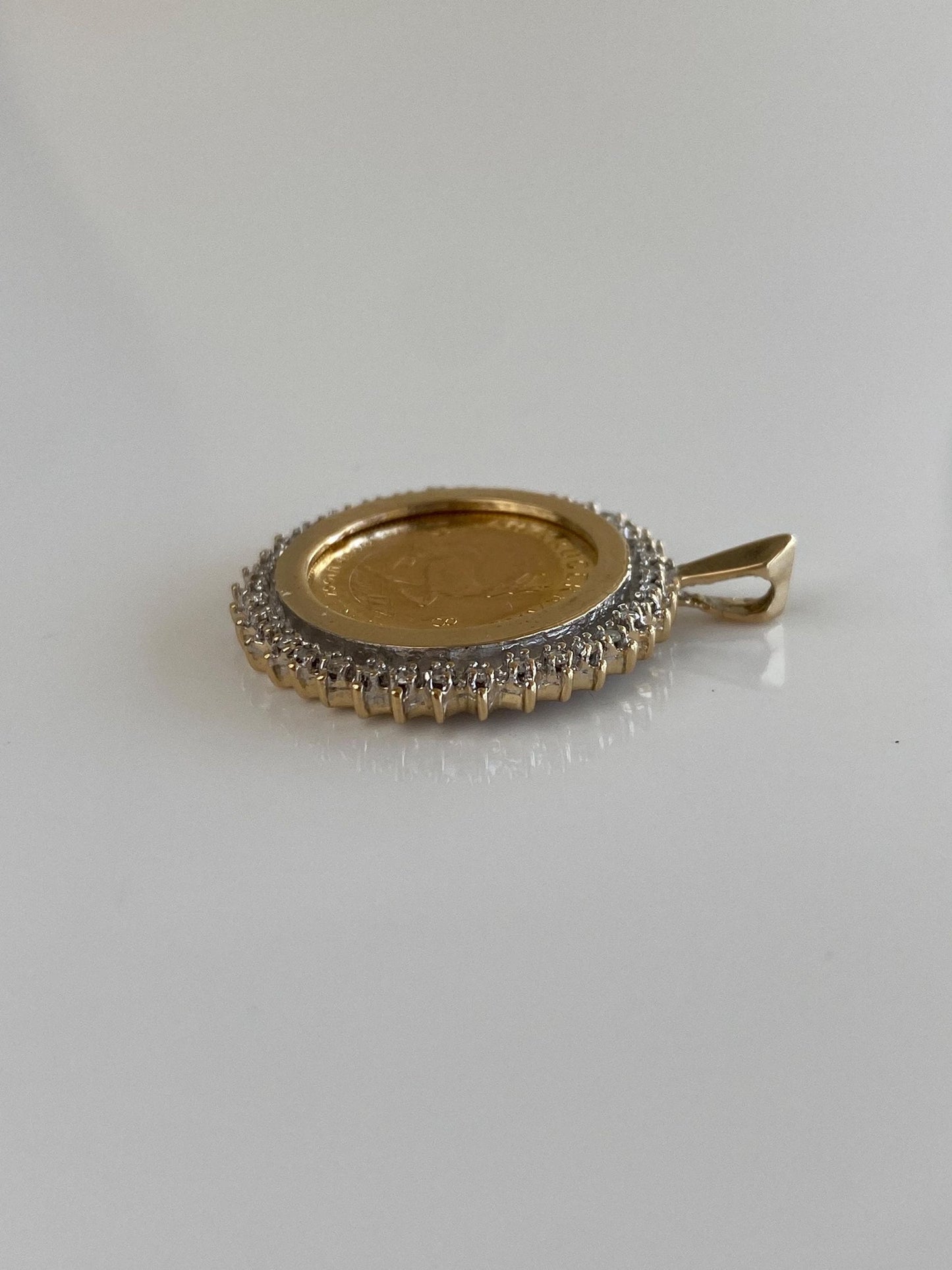 Solid 1/10 Oz. South African Krugerrand Gold Coin in 14k Yellow Gold Diamond Halo Frame