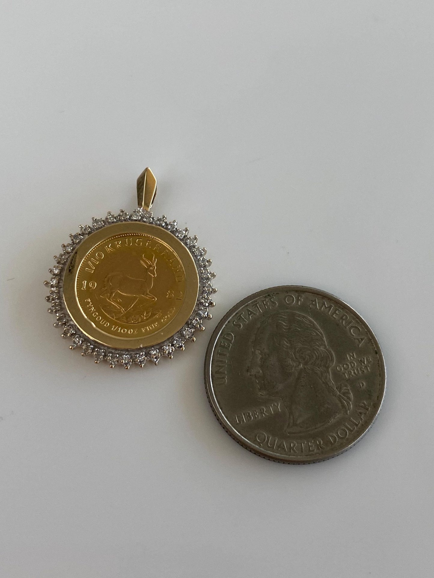 Solid 1/10 Oz. South African Krugerrand Gold Coin in 14k Yellow Gold Diamond Halo Frame