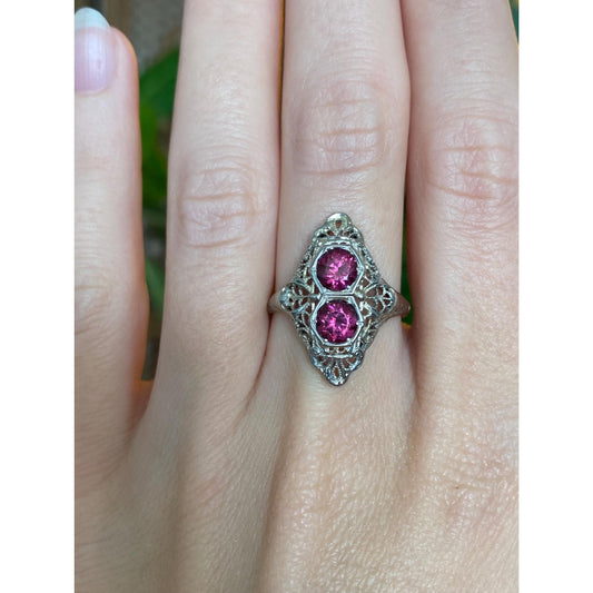 Vintage Solid 18k White Gold Pink Cubic Zirconia Art Deco Ring - Size 7.5
