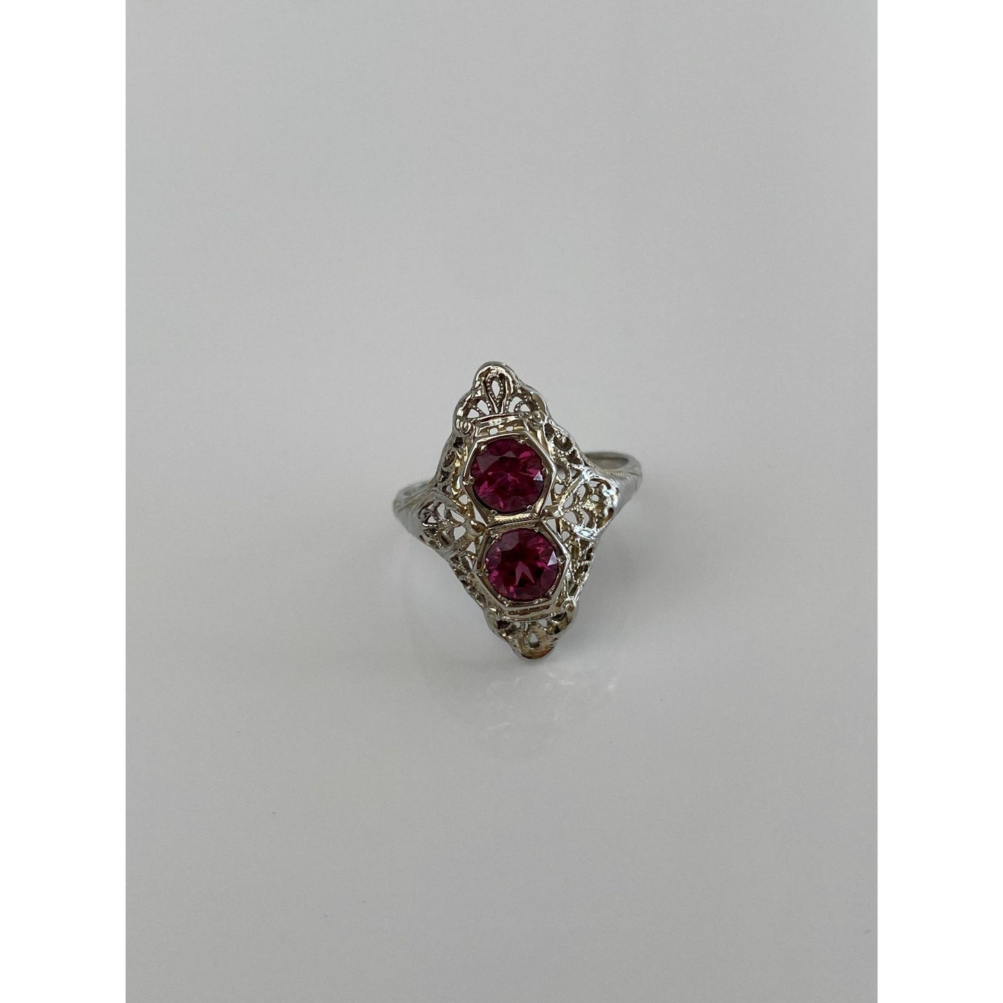 Vintage Solid 18k White Gold Pink Cubic Zirconia Art Deco Ring - Size 7.5