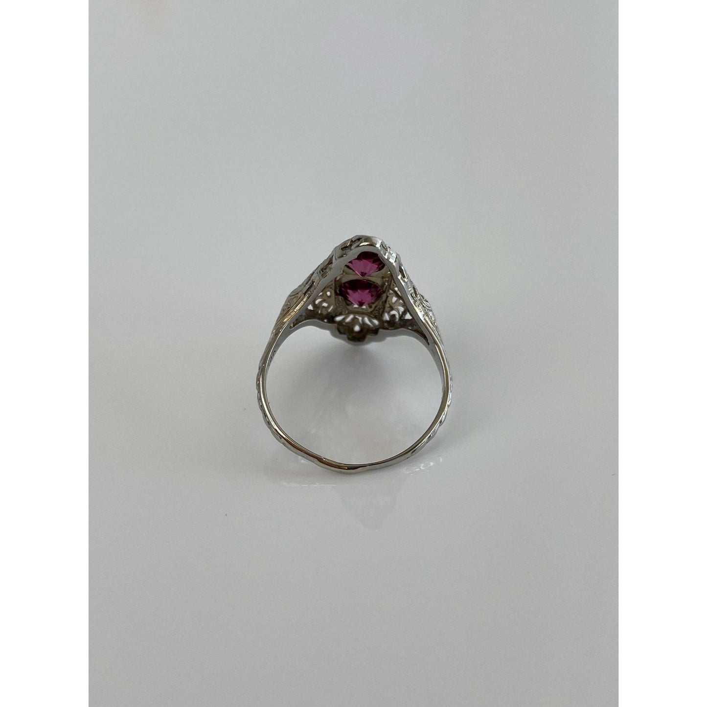Vintage Solid 18k White Gold Pink Cubic Zirconia Art Deco Ring - Size 7.5