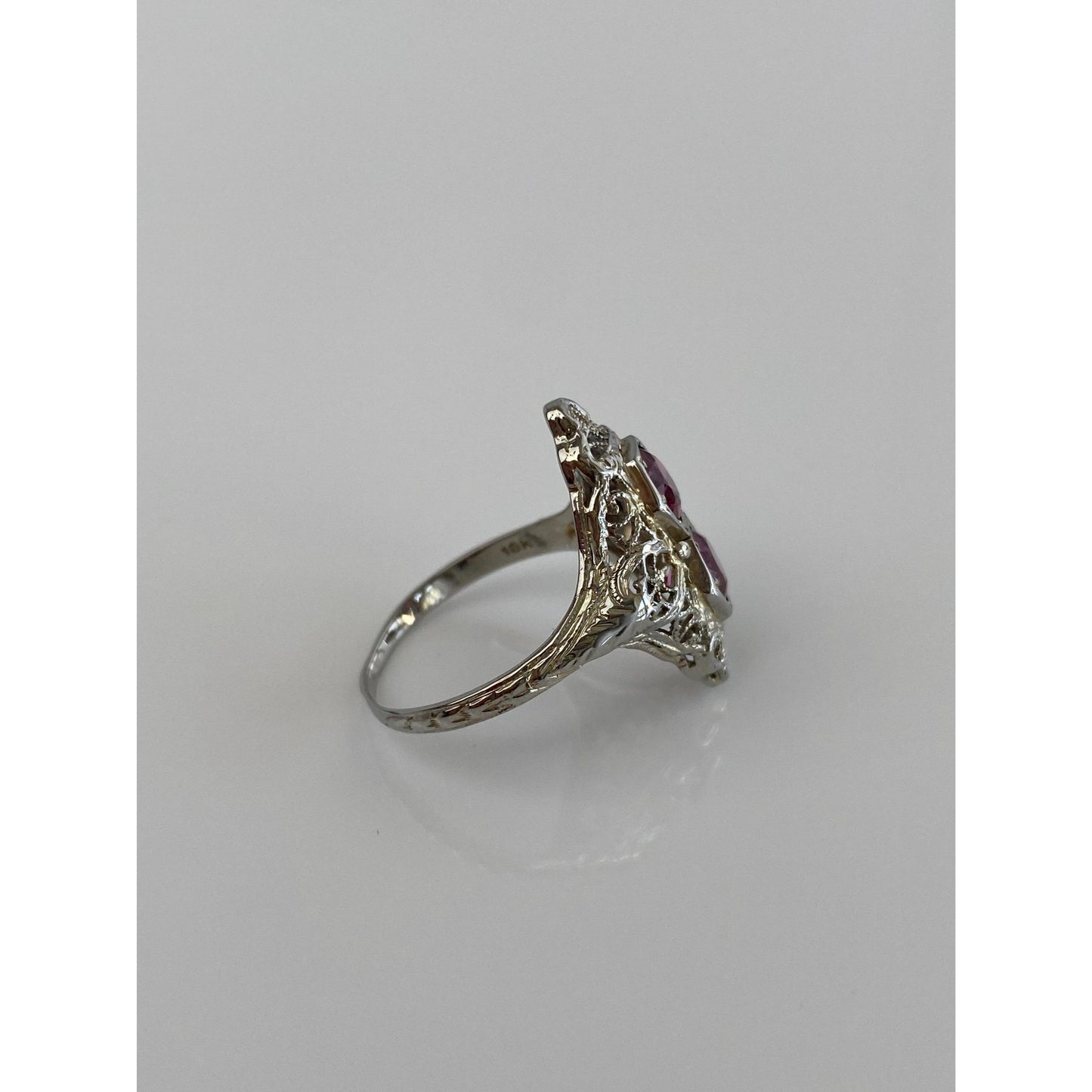 Vintage Solid 18k White Gold Pink Cubic Zirconia Art Deco Ring - Size 7.5